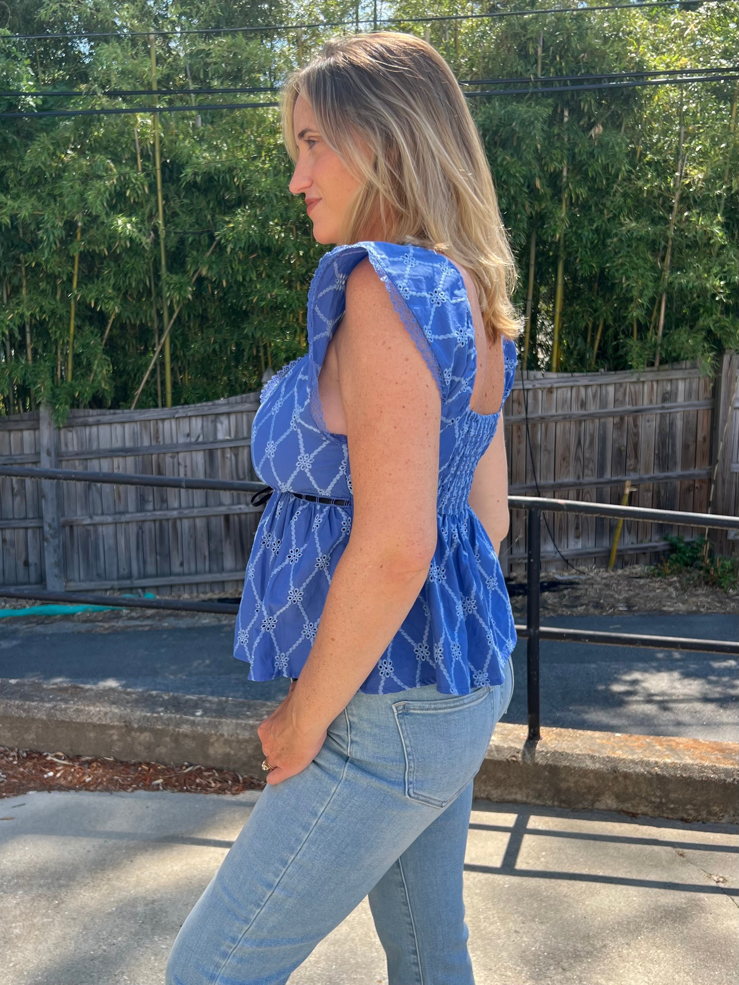 By Together | Cobalt Blue V-Neck Eyelet Top | Sweetest Stitch Boutique