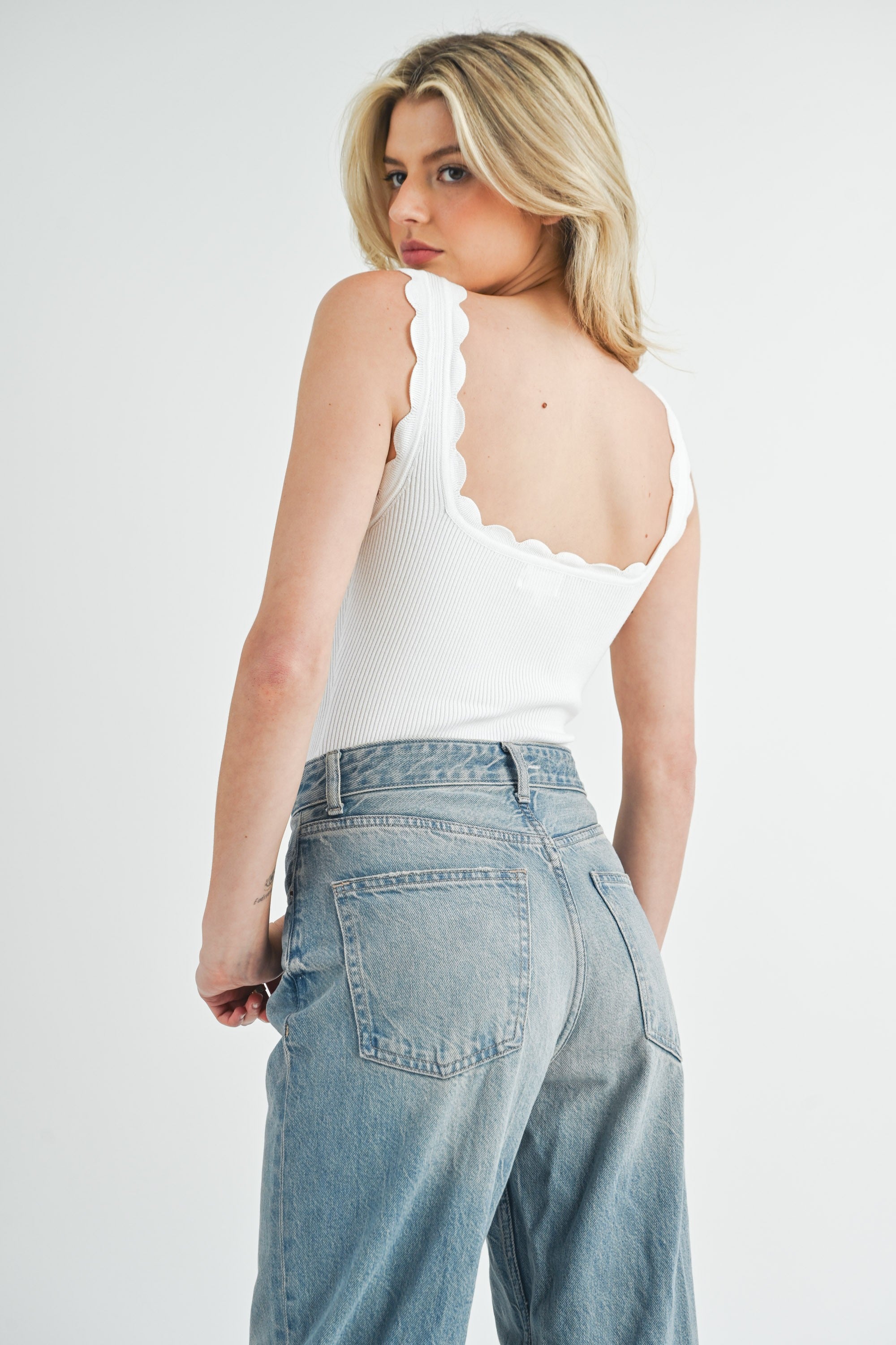 Mable | White Scallop Bodysuit | Sweetest Stitch Shop for Cute Tops
