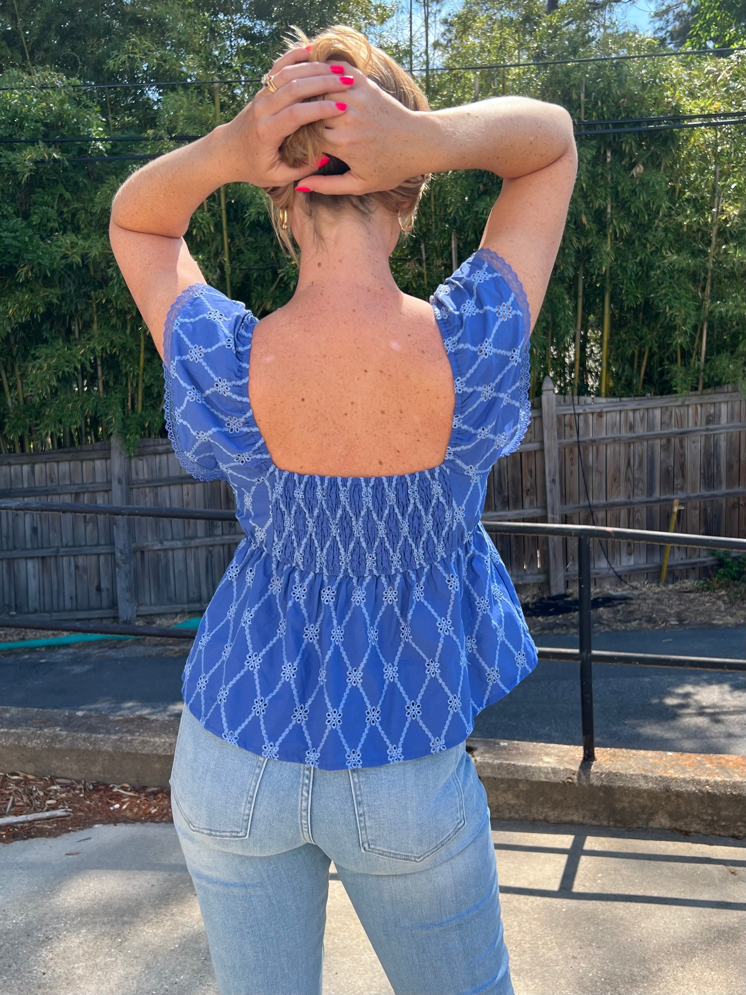 By Together | Cobalt Blue V-Neck Eyelet Top | Sweetest Stitch Boutique