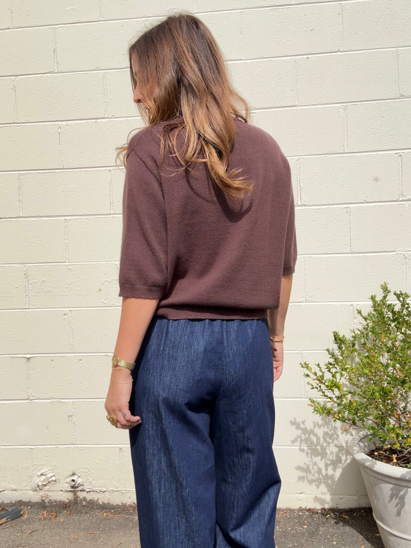 Miou Muse | Short Sleeve Knit Top Brown | Sweetest Stitch Boutique