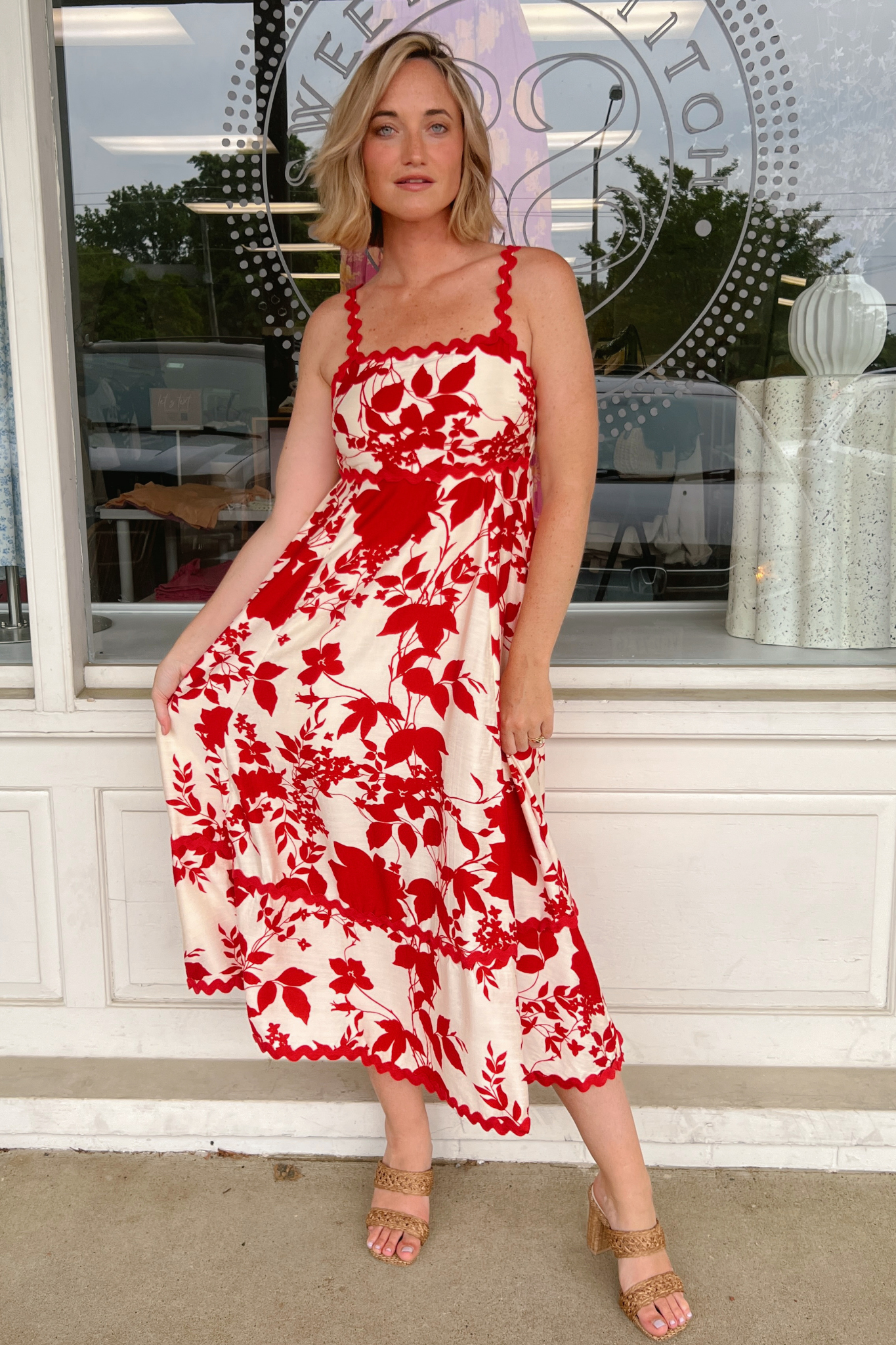 Entro | Red Floral Midi Dress | Sweetest Stitch Shop Cute Dresses