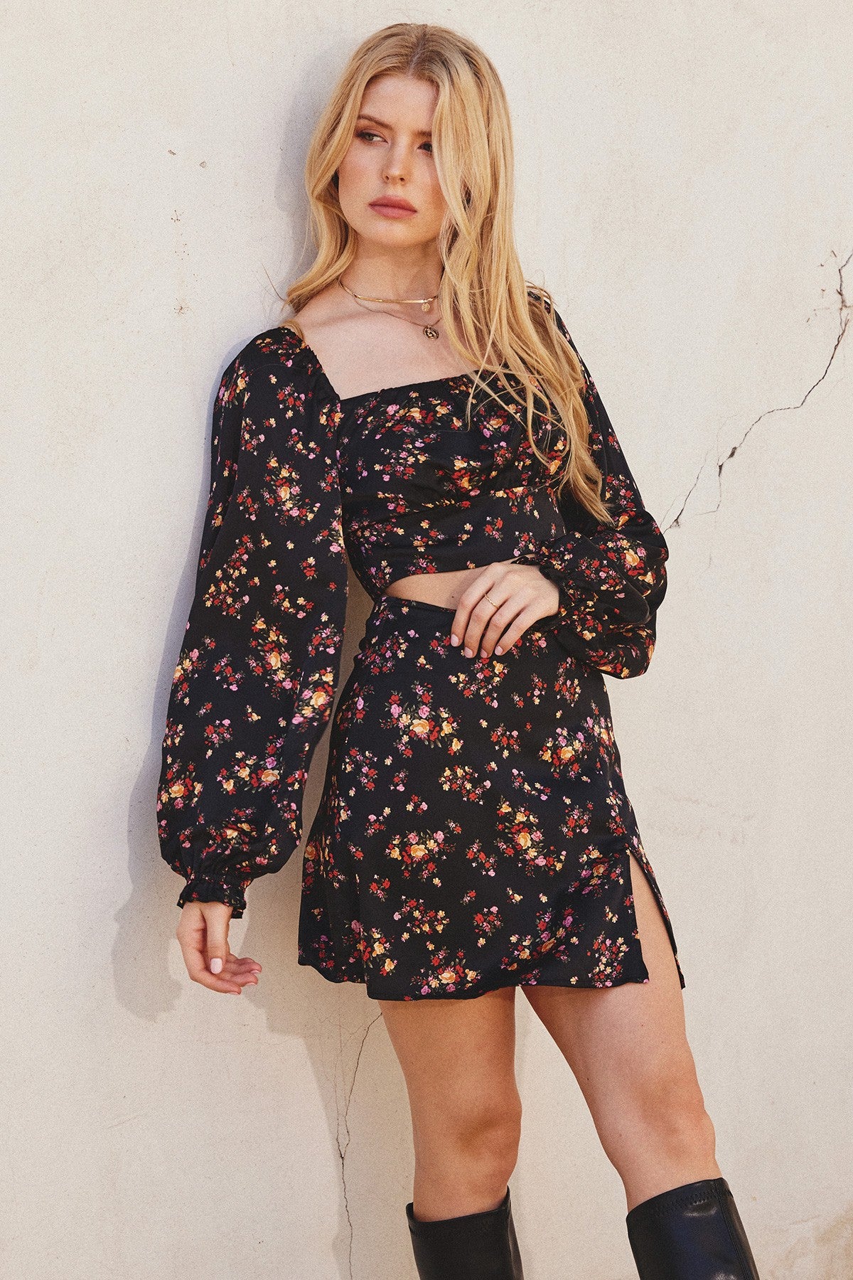 Dress Forum, Satin Black Floral Crop Top