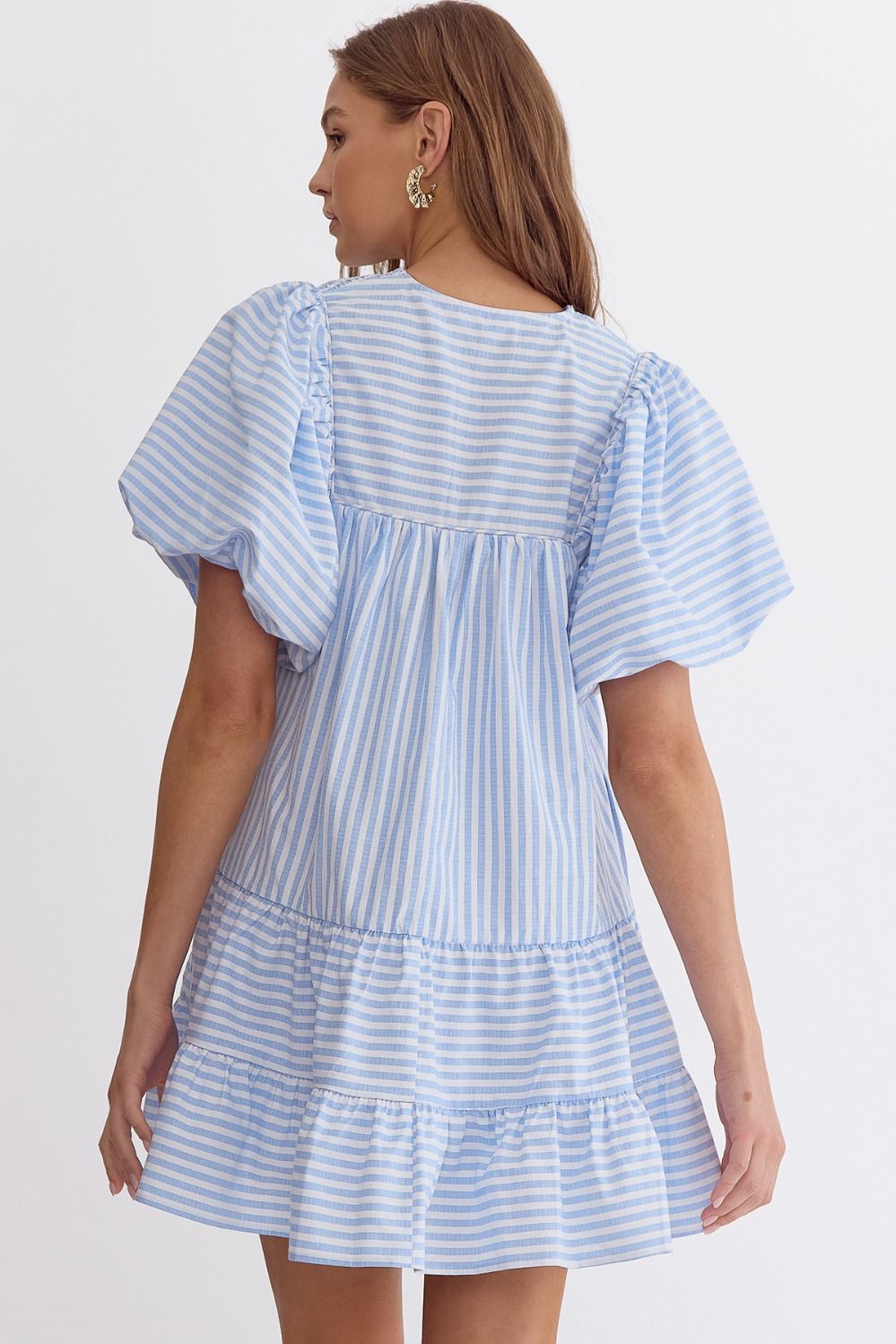 Entro | Blue Stripe Puff Sleeve Dress | Sweetest Stitch Cute Dresses 