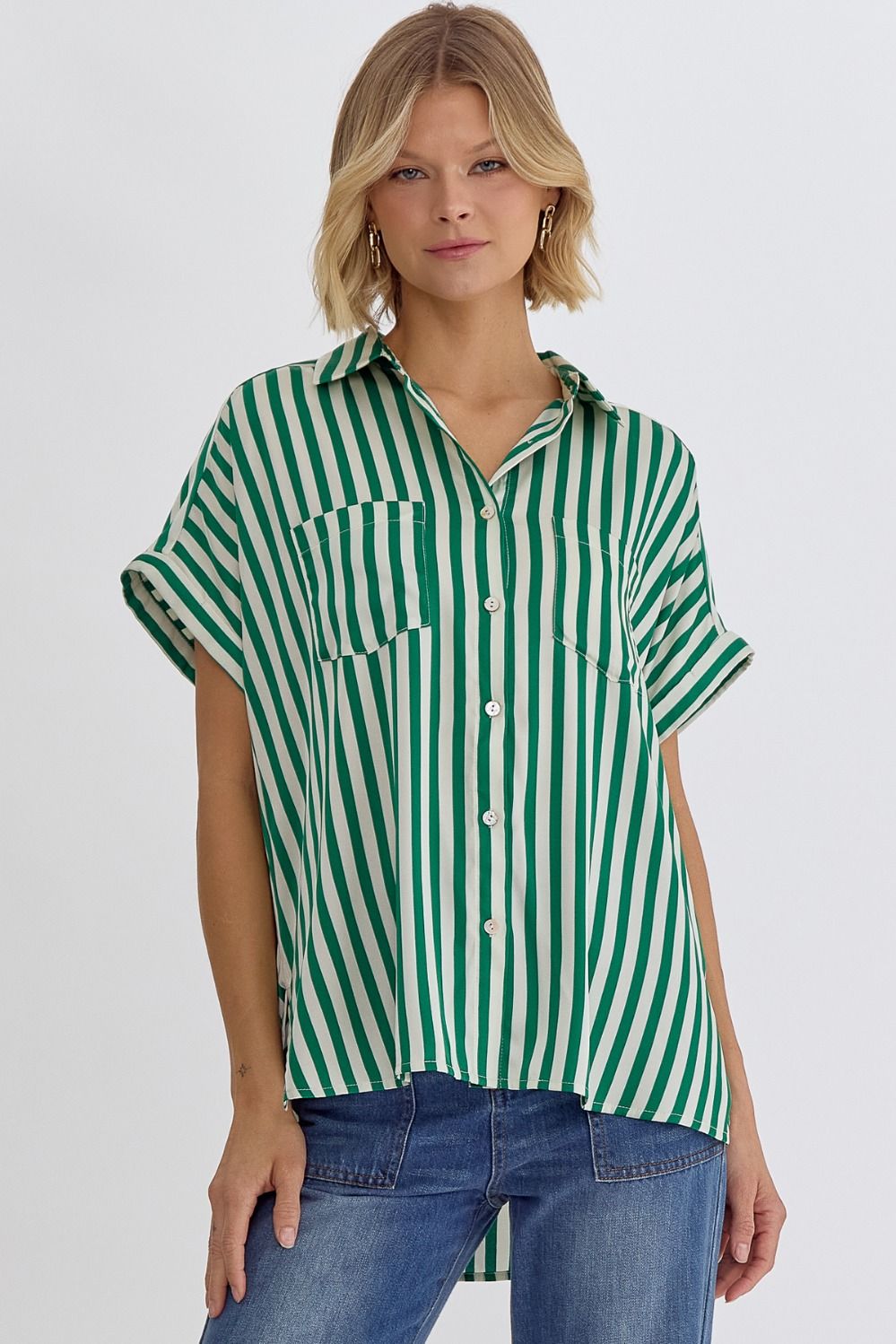 Entro | Green Striped Button Down Top | Sweetest Stitch Boutique