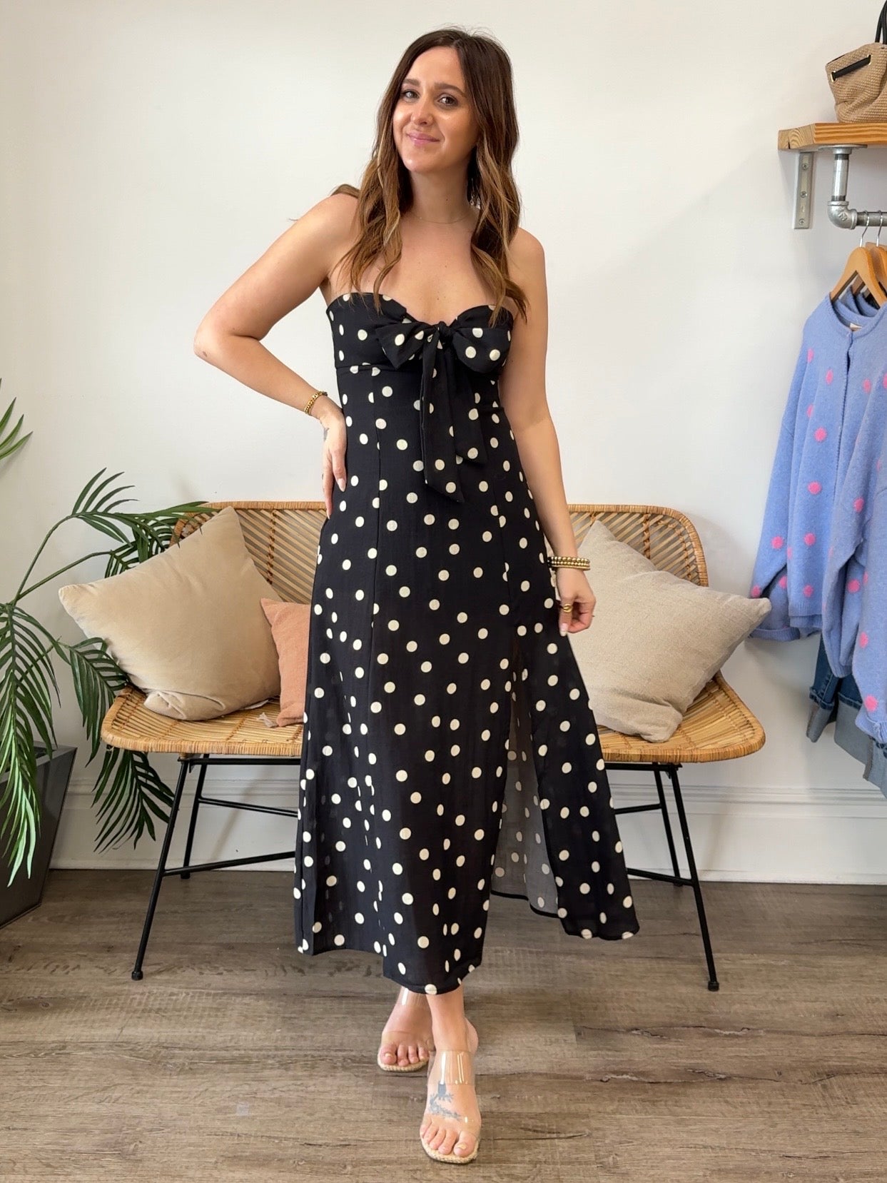 Dress Forum | Adelina Polka Dot Strapless Midi Dress | Sweetest Stitch