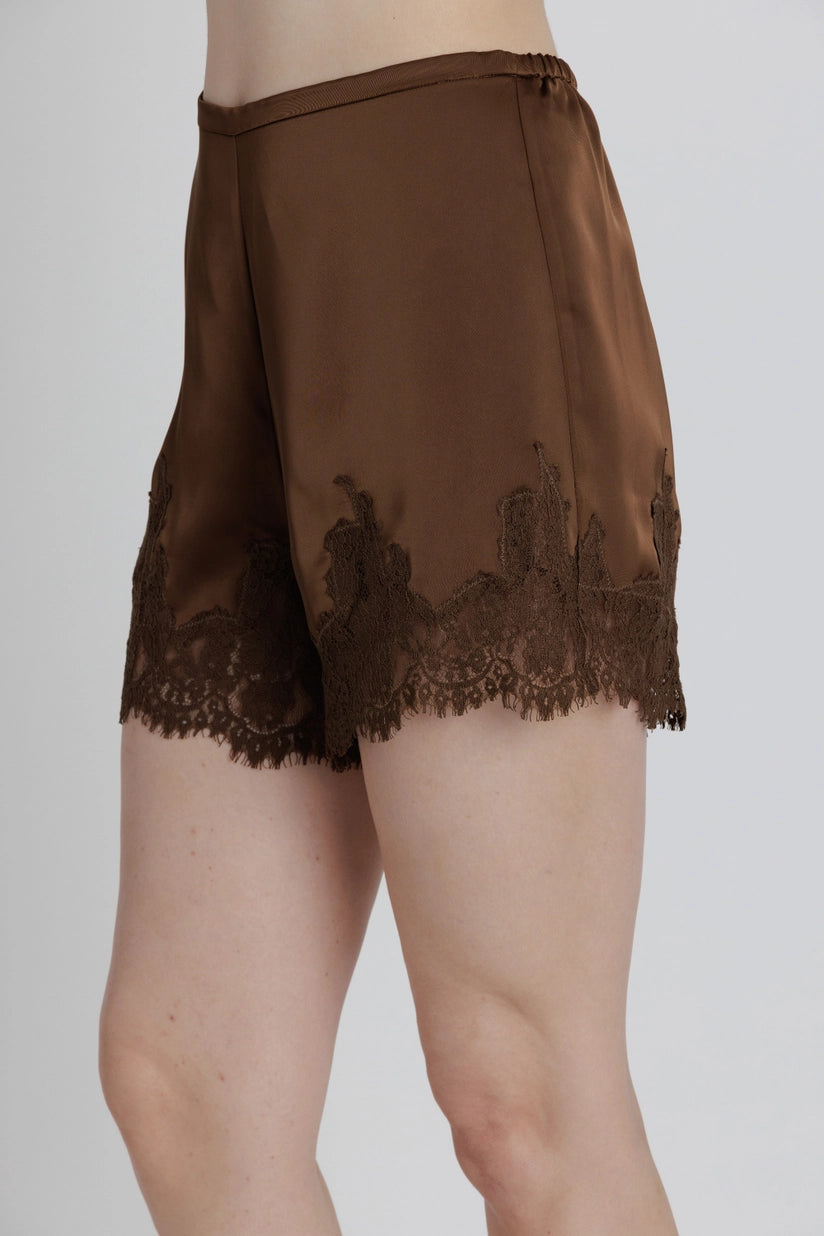 Aureum | Colette Satin Lace Shorts Brown | Sweetest Stitch Boutique