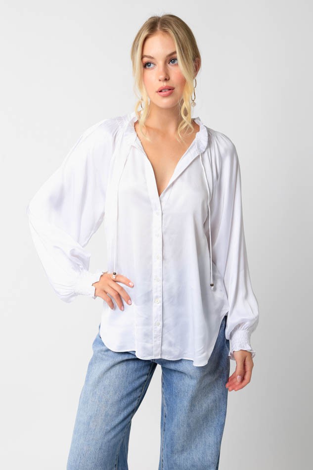 Olivaceous | Off White Satin Button Up Top | Sweetest Stitch Online