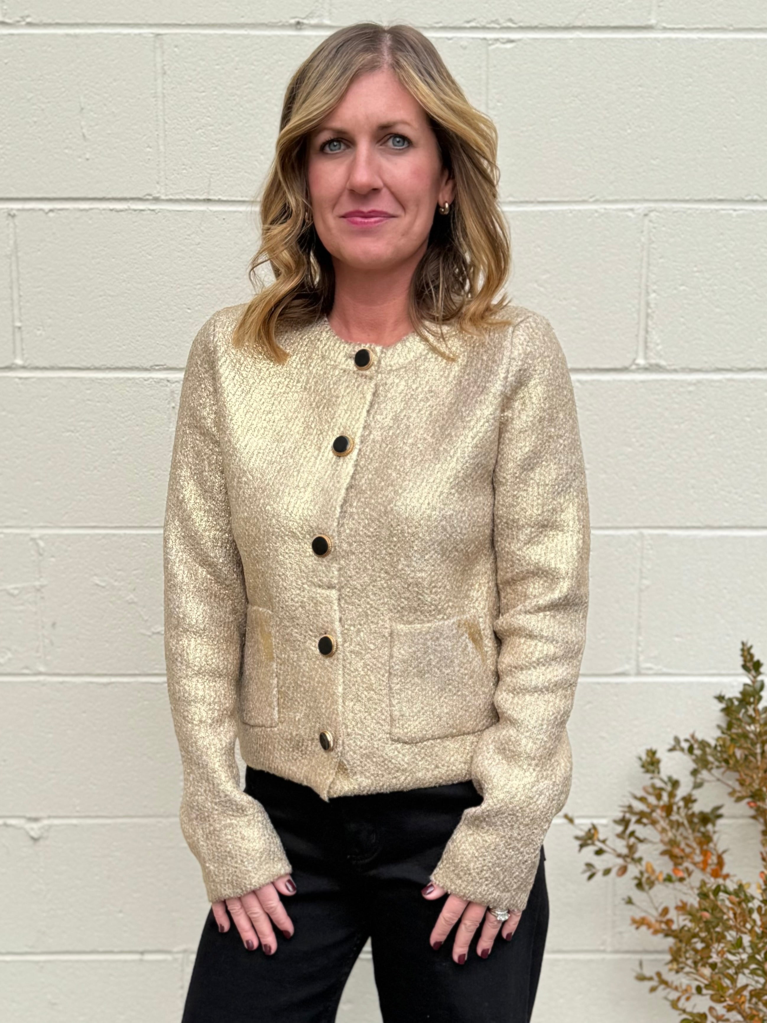 Lalavon | Hallie Gold Coated Cardigan | Sweetest Stitch Boutique