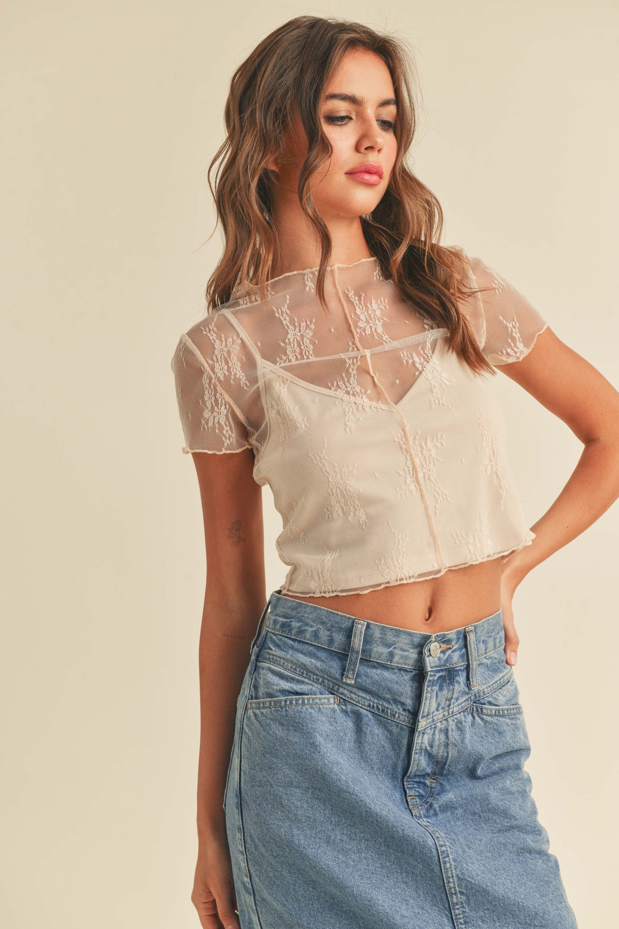 Miou Muse | Cream Lace Short Sleeve Top | Sweetest Stitch Shop