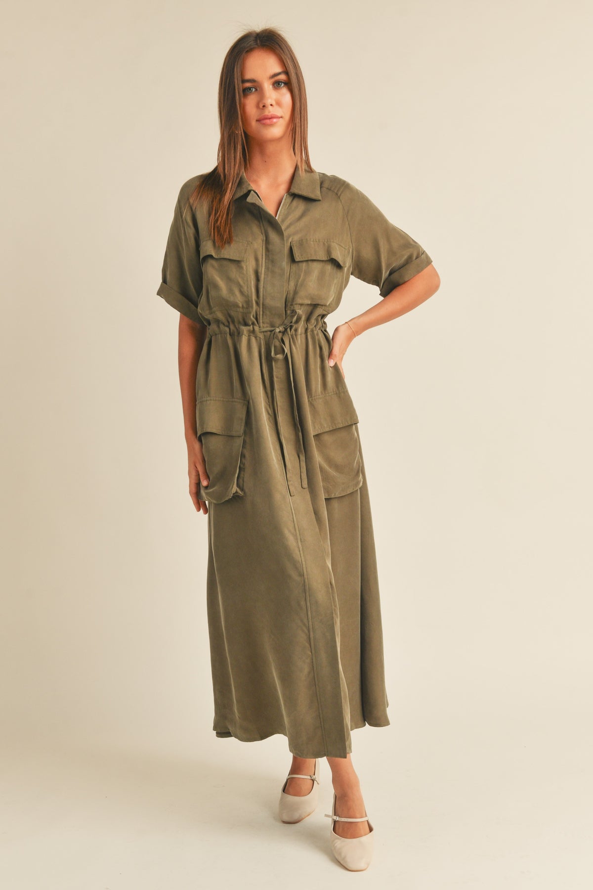 Miou Muse | Olive Cargo Maxi Dress | Sweetest Stitch Boutique