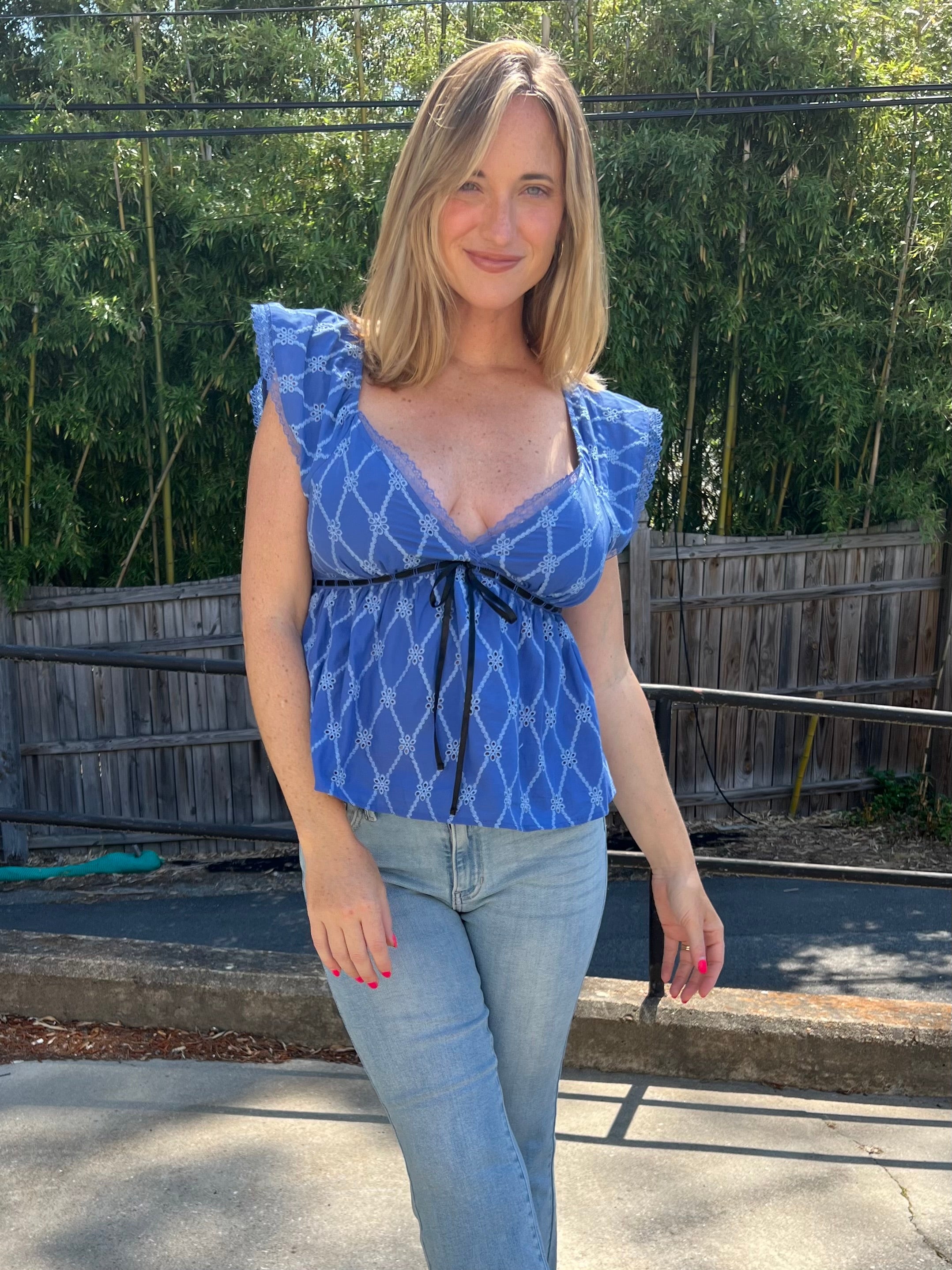 By Together | Cobalt Blue V-Neck Eyelet Top | Sweetest Stitch Boutique 
