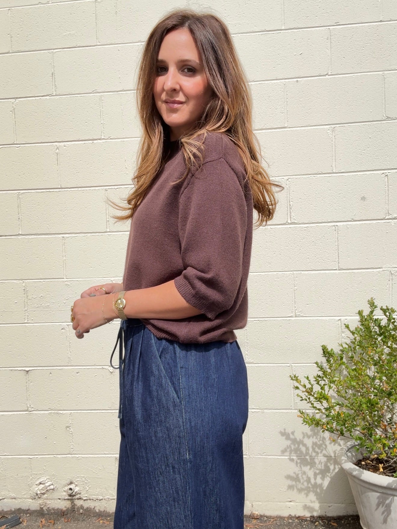 Miou Muse | Short Sleeve Knit Top Brown | Sweetest Stitch Boutique
