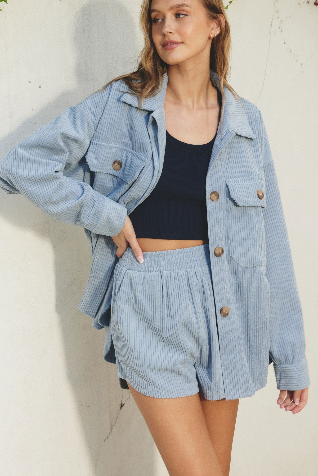 Dress Forum | Denim Blue Corduroy Shacket | Sweetest Stitch Online