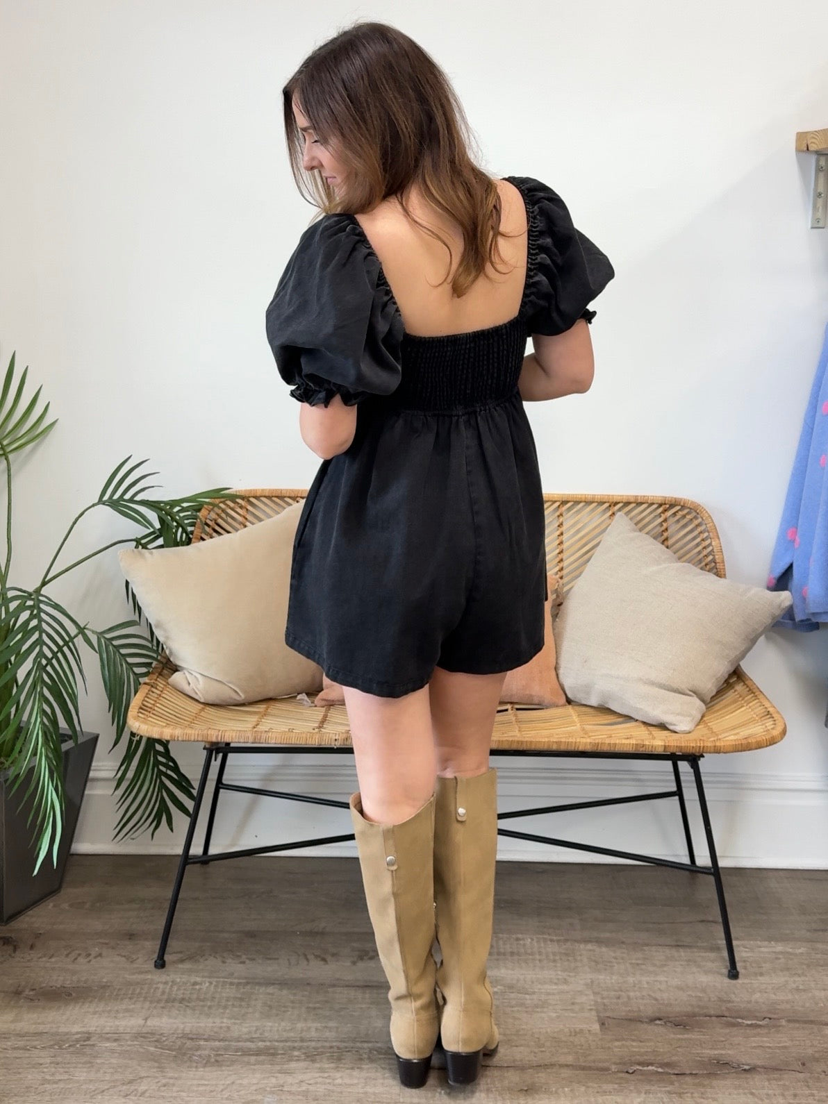 Olivaceous | Abigail Puff Sleeve Denim Romper | Sweetest Stitch