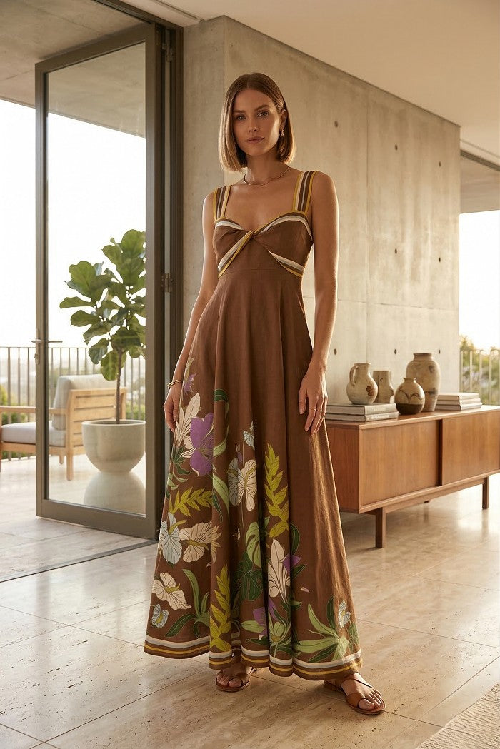 vacation long dresses Blue Planet | Amie's Knit Sleeve Maxi Dress perfect for a relaxing day at the resort Sundance Rust Multi Printed Maxi
