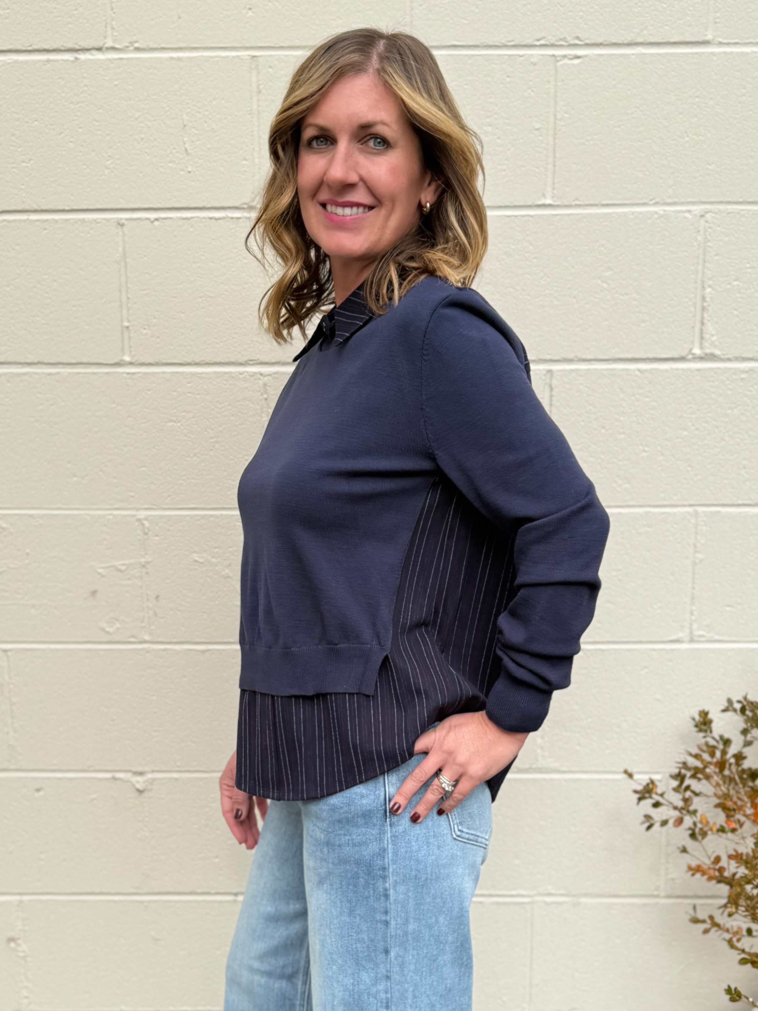 Current Air | Madrid Pinstripe Knit Front Blouse | Sweetest Stitch