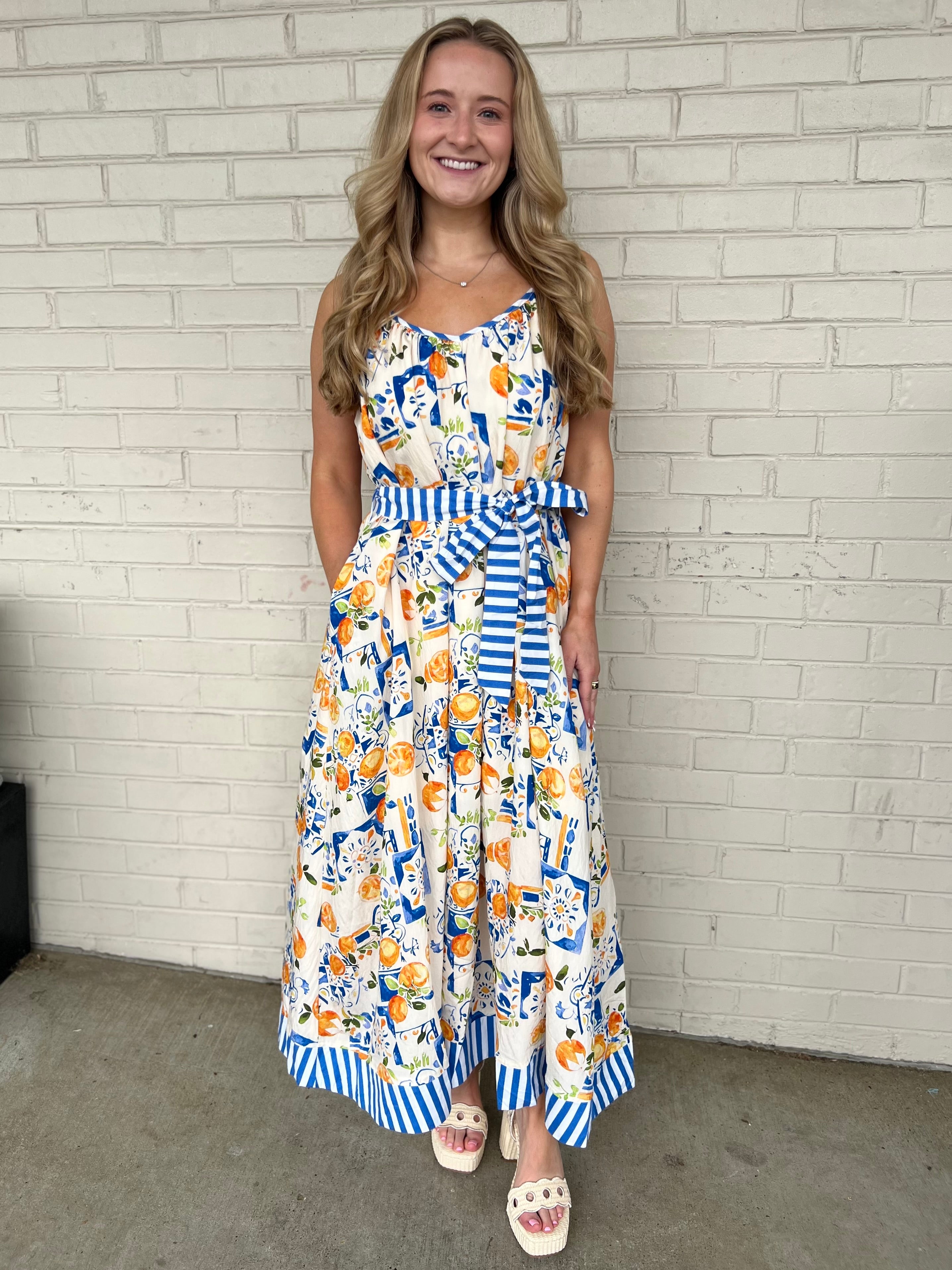 Entro | Reva Orange Print Midi Dress | Sweetest Stitch Boutique 