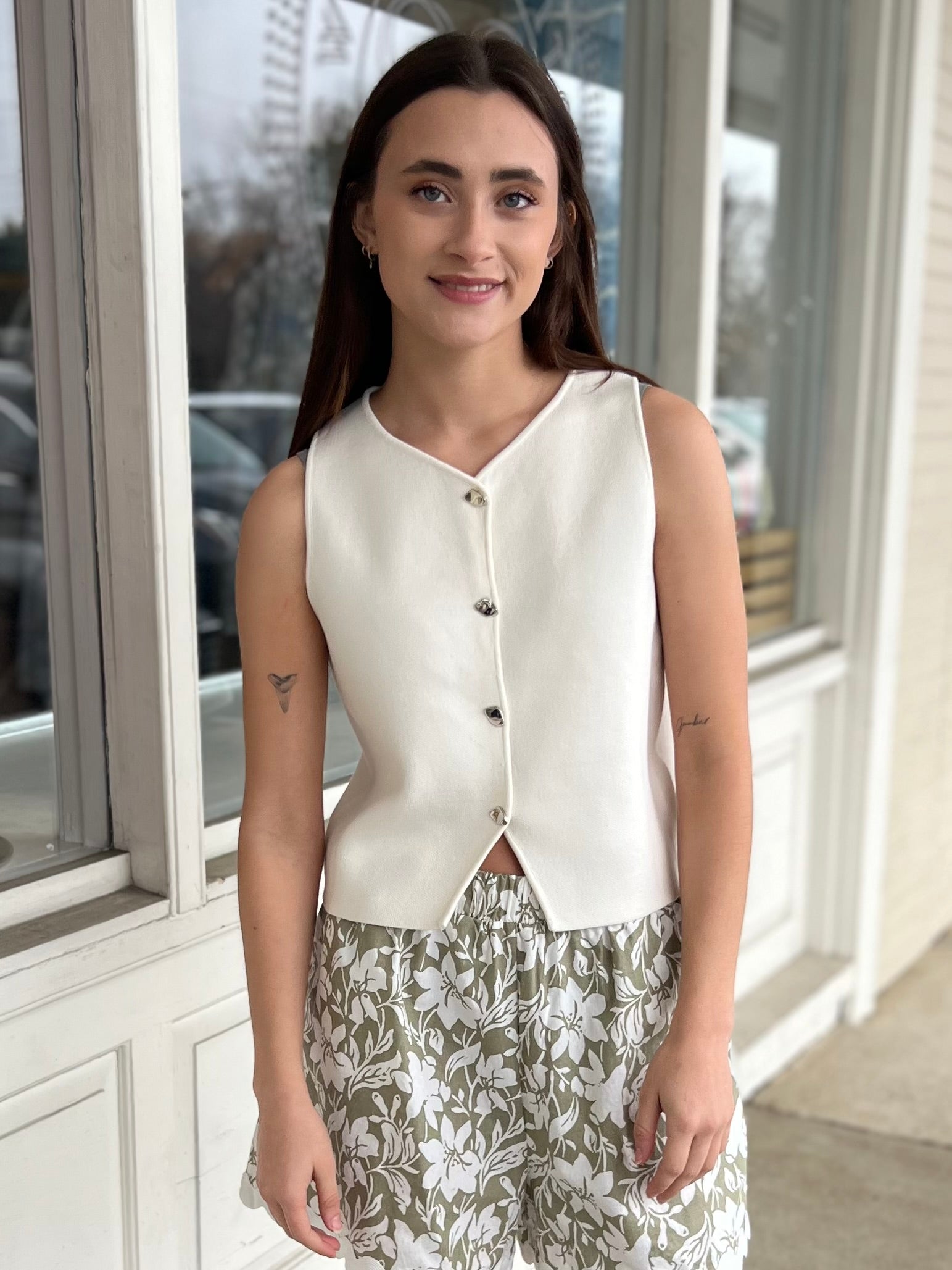 Miou Muse | White Knit Silver Button Vest | Sweetest Stitch