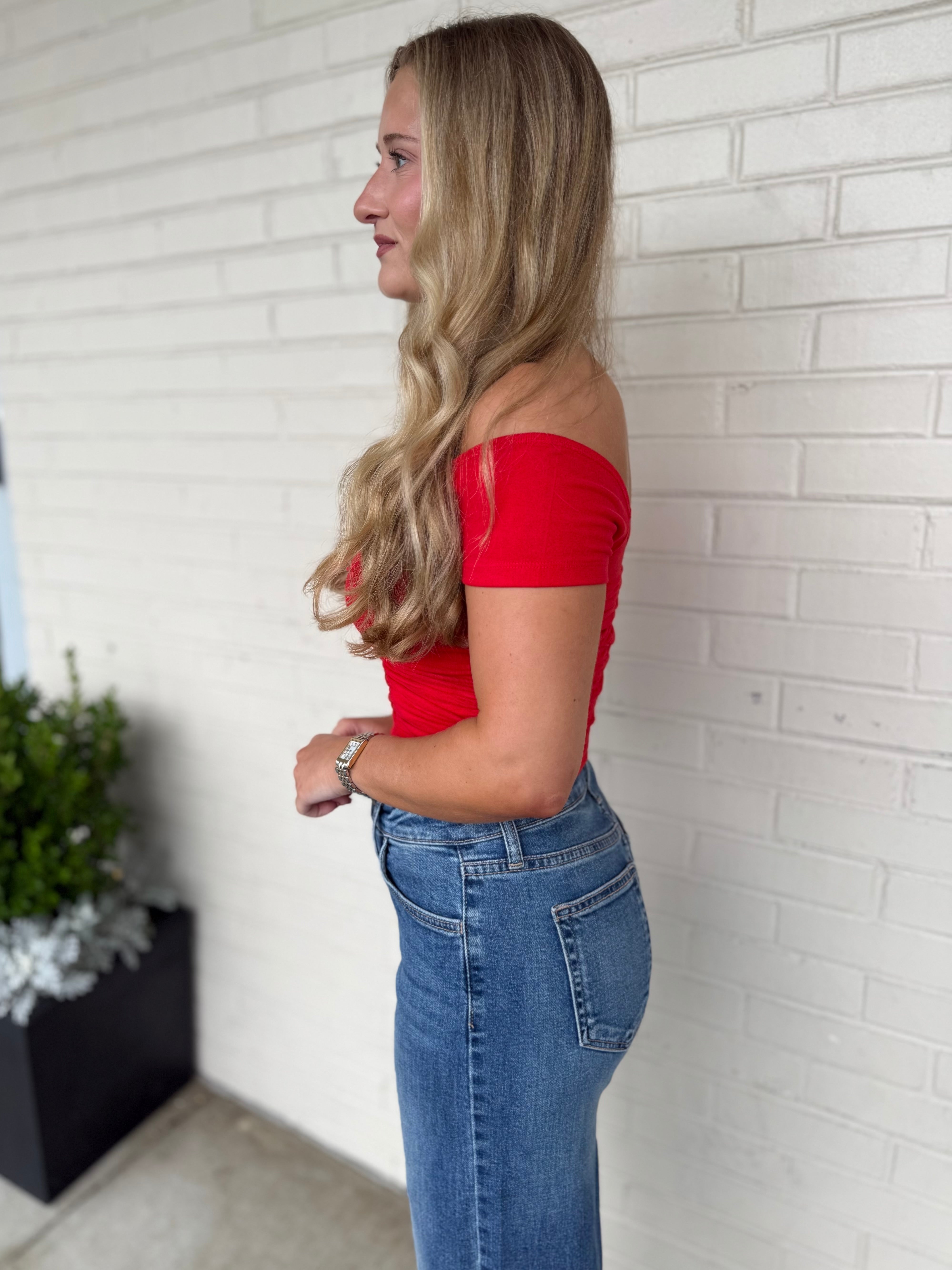 Olivaceous | Frensis Ruched Off Shoulder Top | Sweetest Stitch