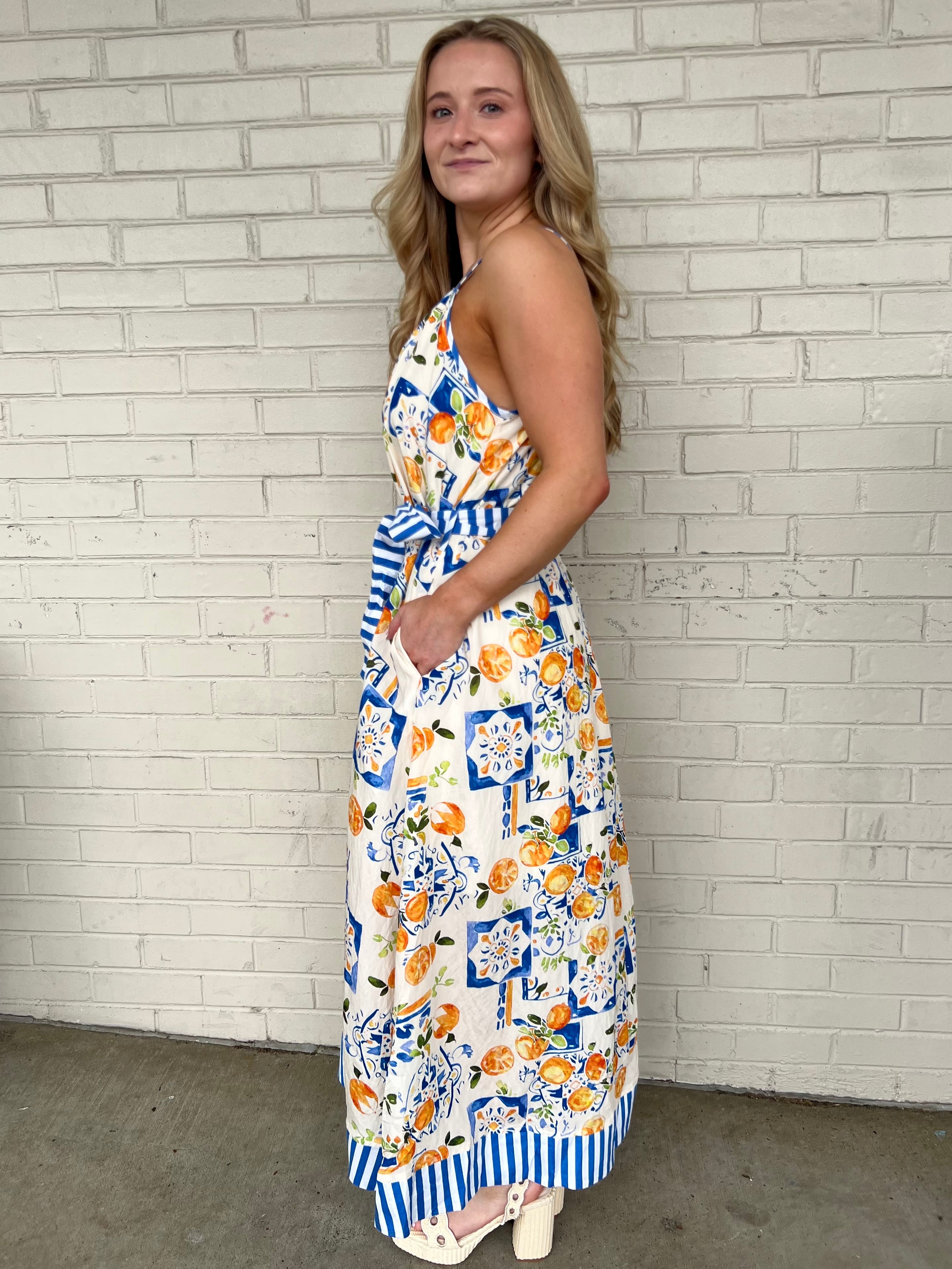 Entro | Reva Orange Print Midi Dress | Sweetest Stitch Boutique 