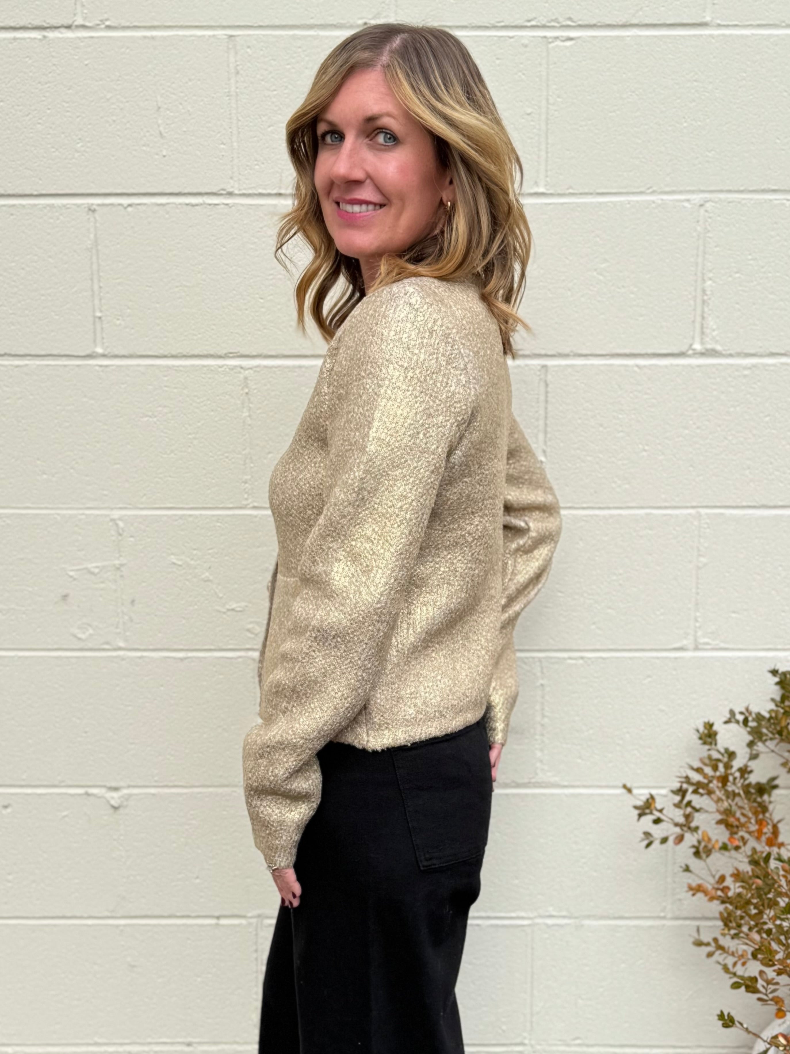 Lalavon | Hallie Gold Coated Cardigan | Sweetest Stitch Boutique