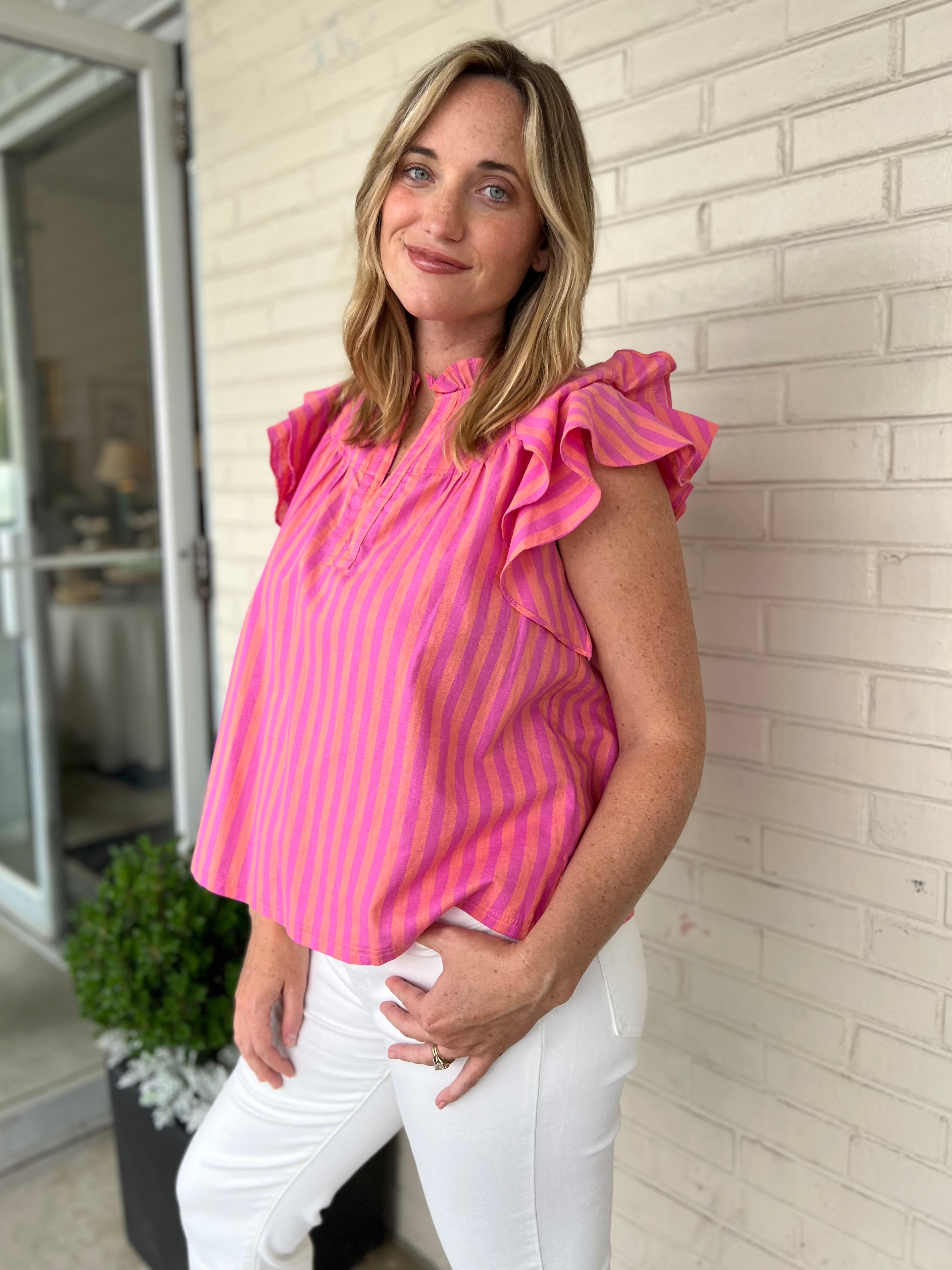 Olivaceous | Missy Stripe Ruffle Sleeve Shirt | Sweetest Stitch 