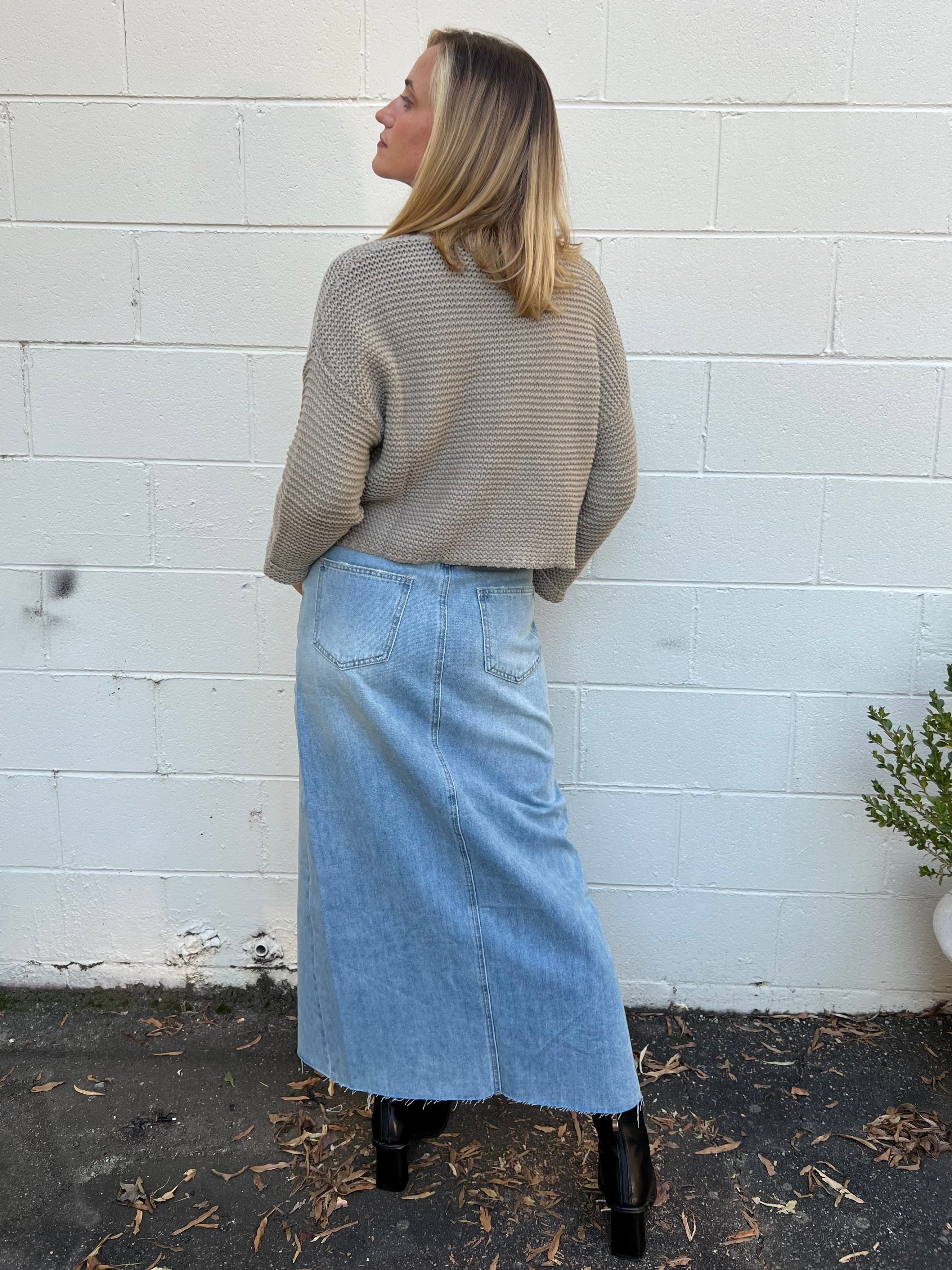 By Together | Light Wash Denim Midi Skirt | Sweetest Stitch