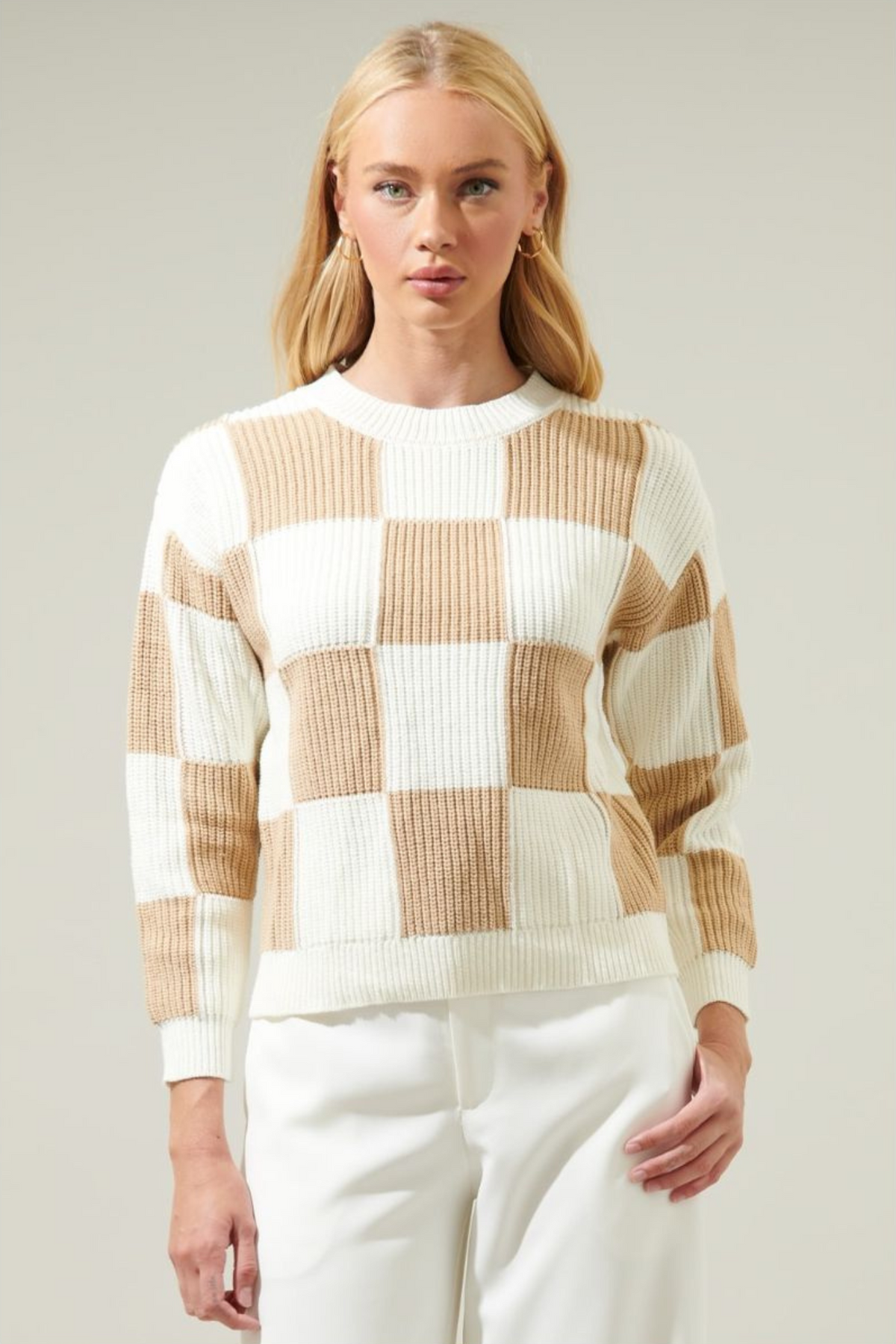 Sugar Lips | Neutral Checkered Sweater | Sweetest Stitch Boutique