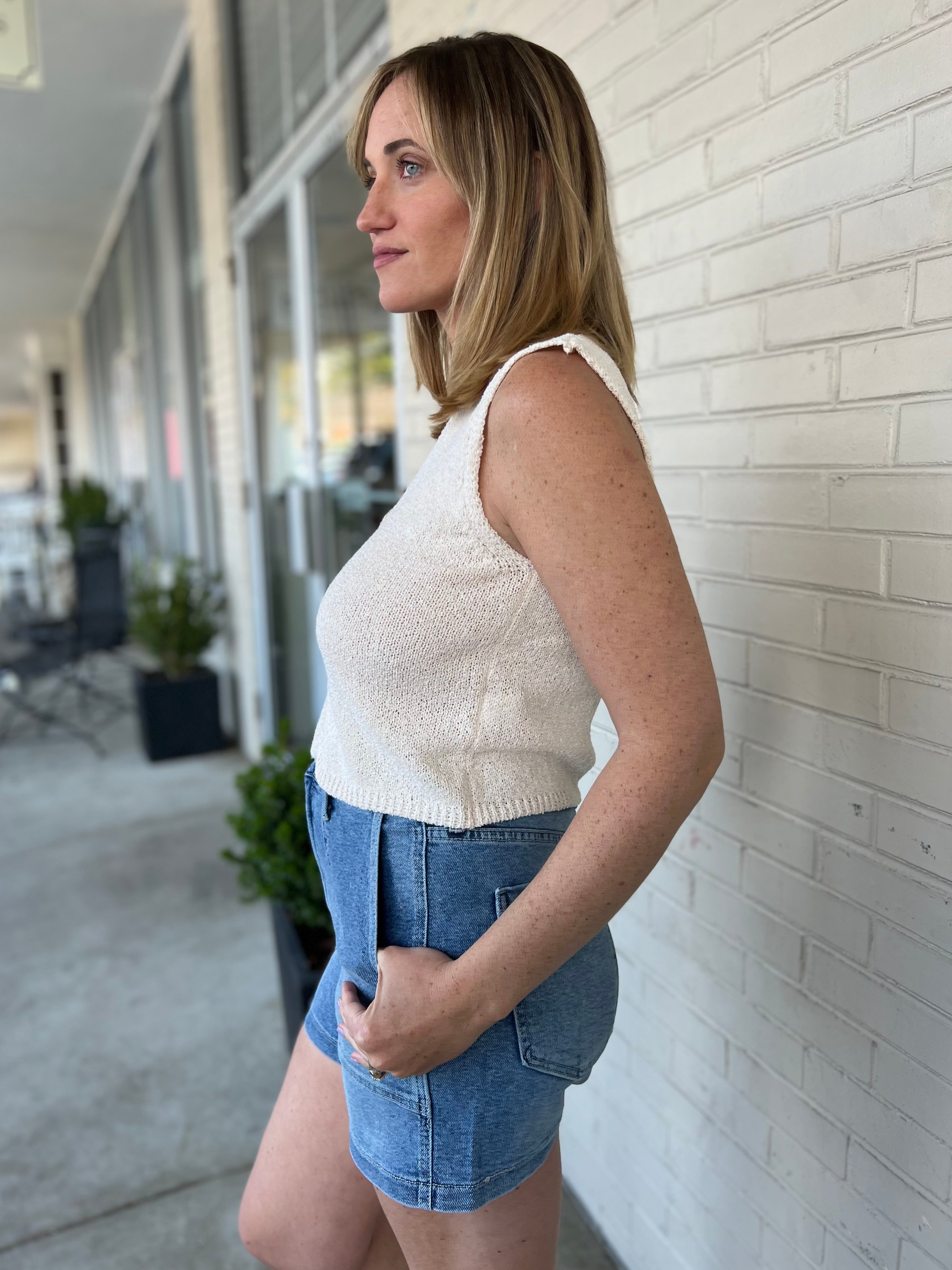 Miou Muse | Beige Knit Sleeveless Top | Sweetest Stitch