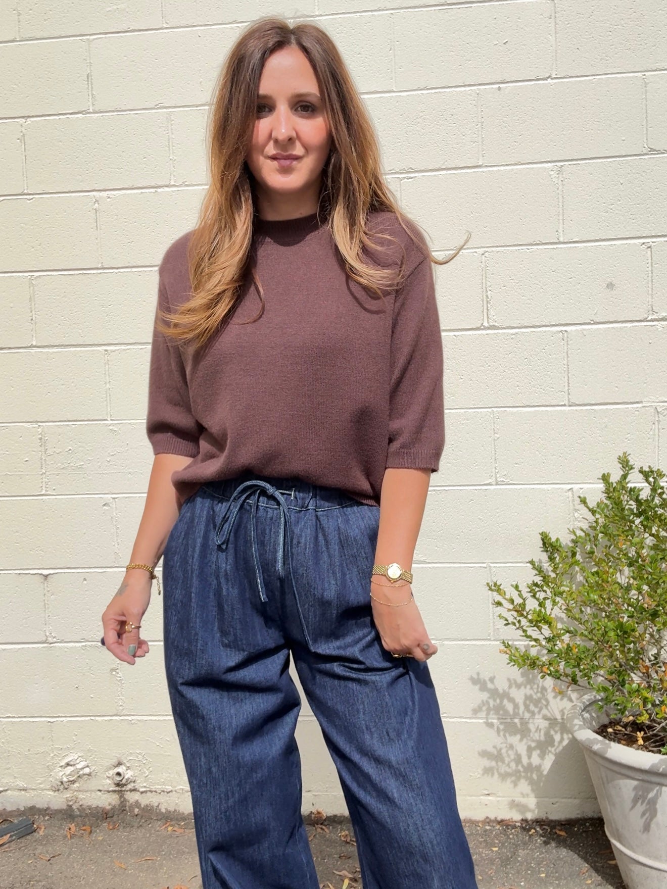 Miou Muse | Short Sleeve Knit Top Brown | Sweetest Stitch Boutique