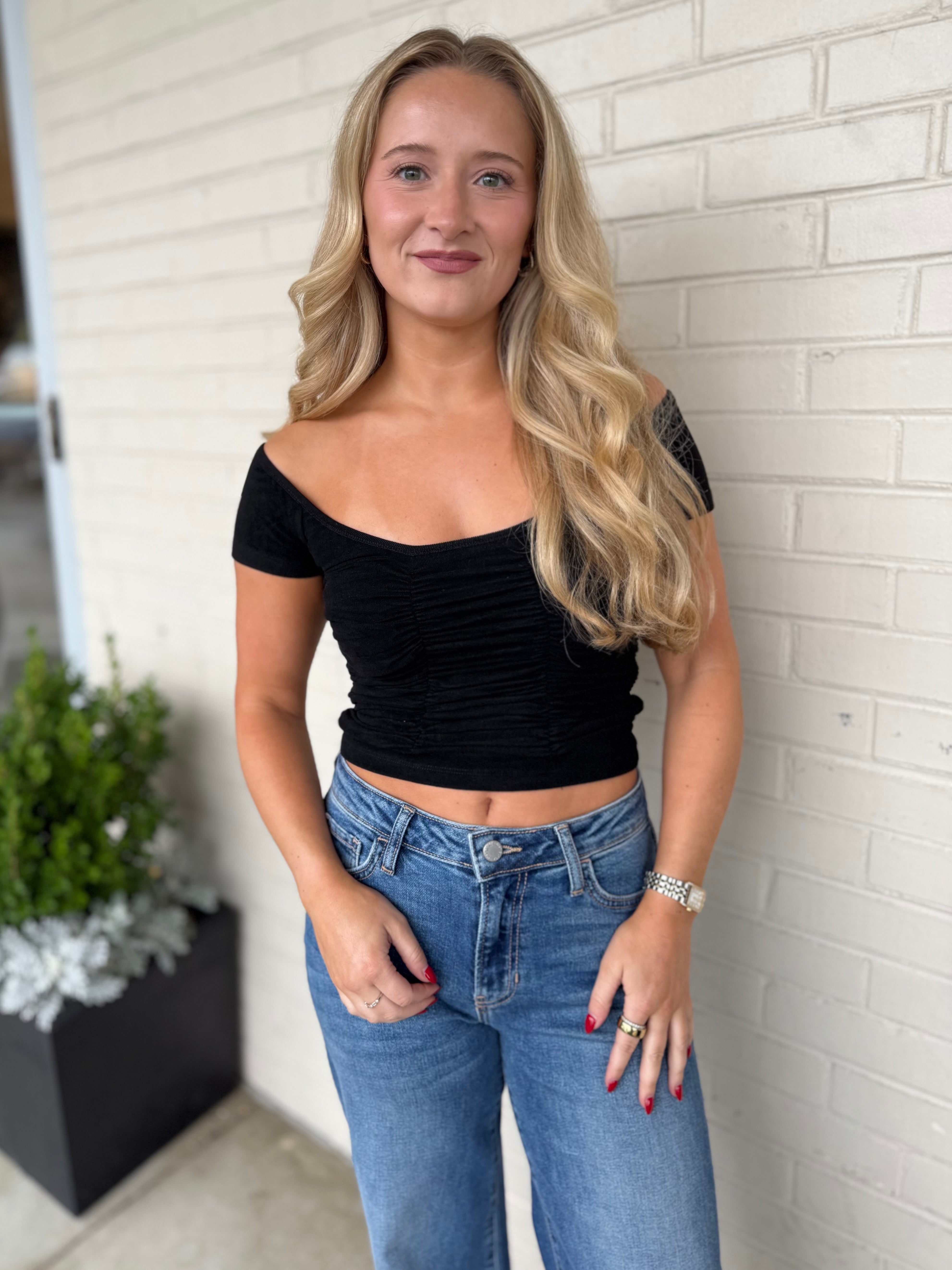 Olivaceous | Frensis Ruched Off Shoulder Top | Sweetest Stitch