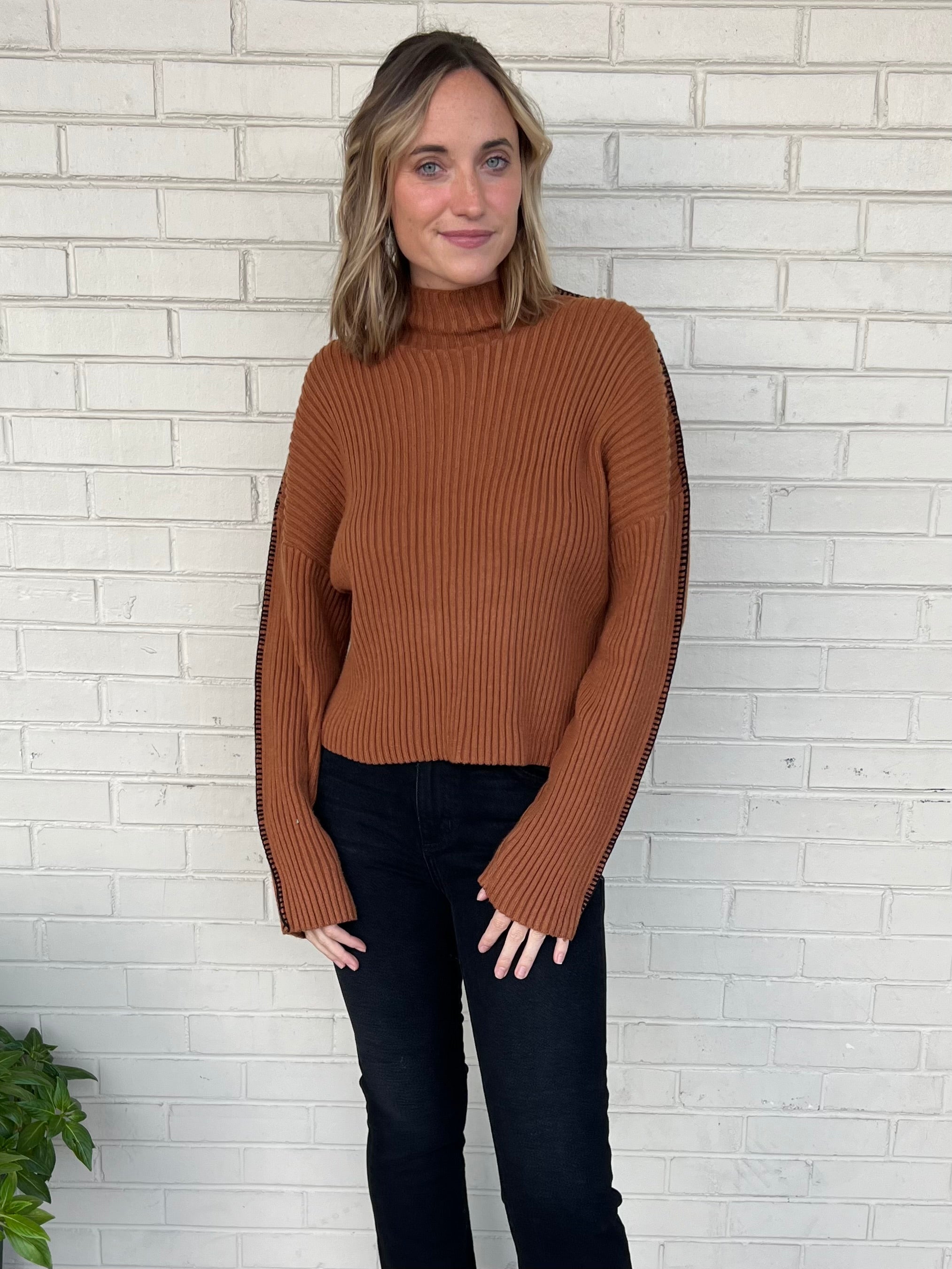 Promesa | Brown Ribbed Mock Neck Sweater | Sweetest Stitch