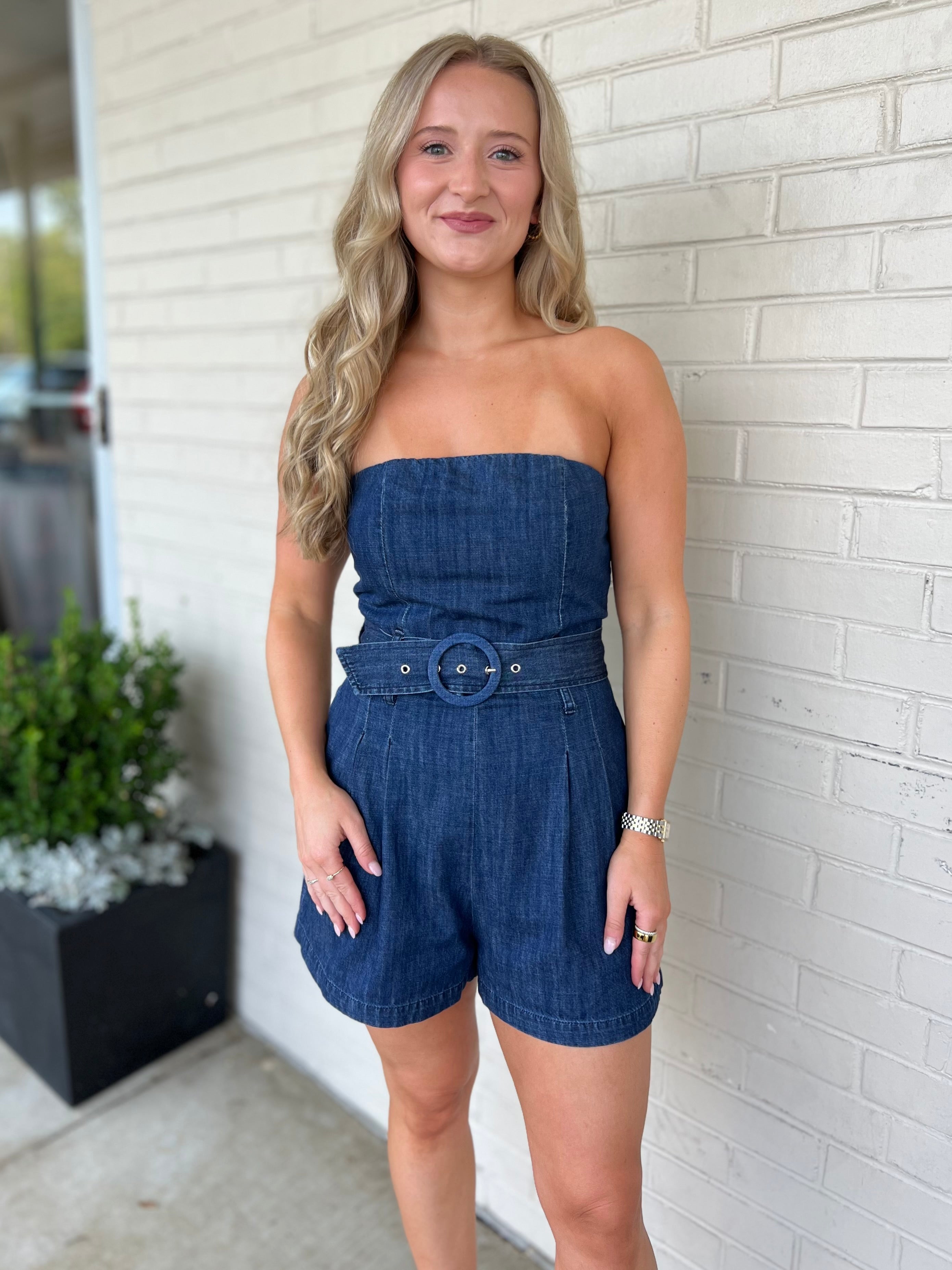 Olivaceous | Naomi Strapless Denim Romper | Sweetest Stitch