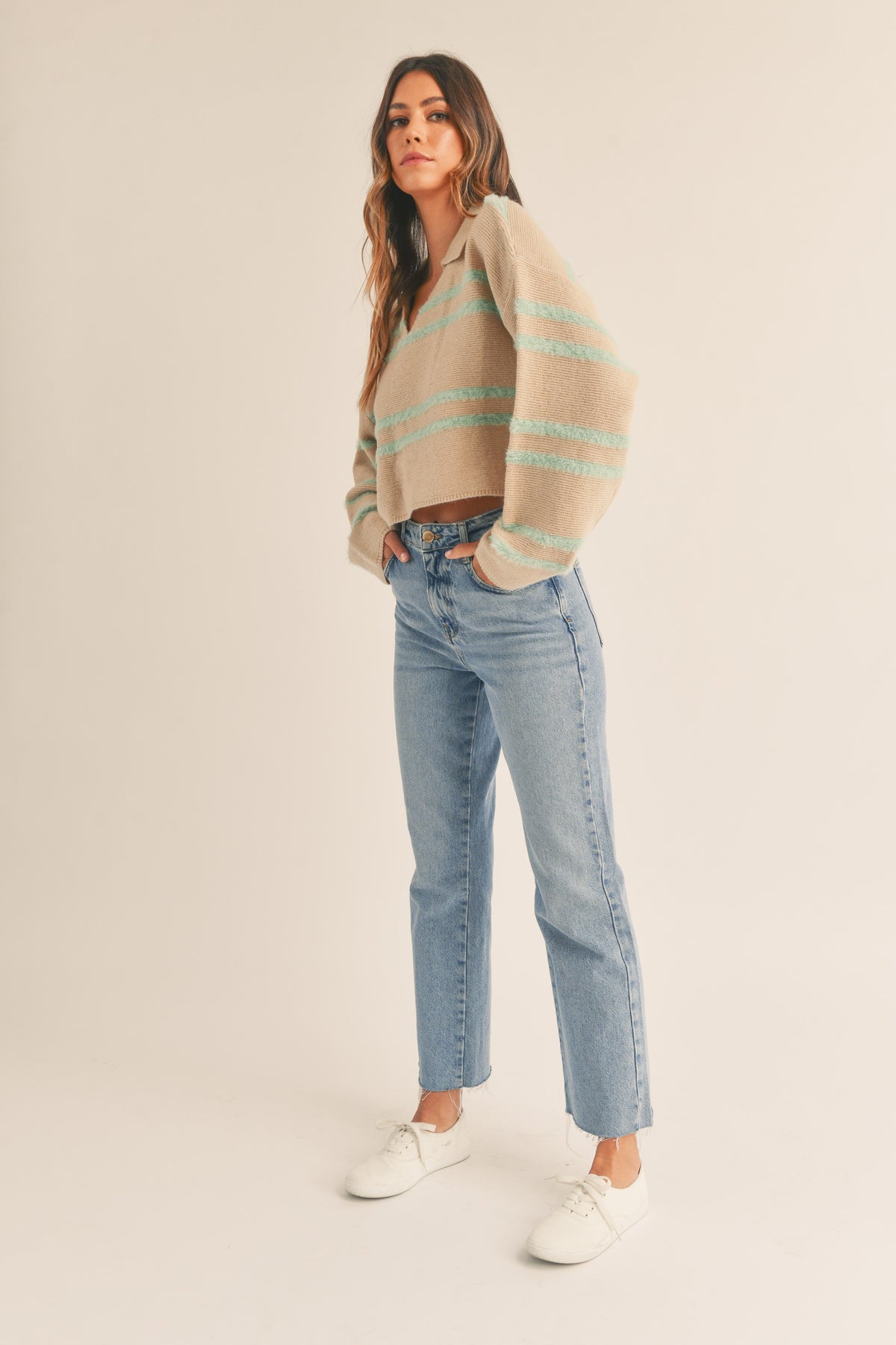 Mable | Fuzzy Striped Collared Cropped Sweater | Sweetest Stitch