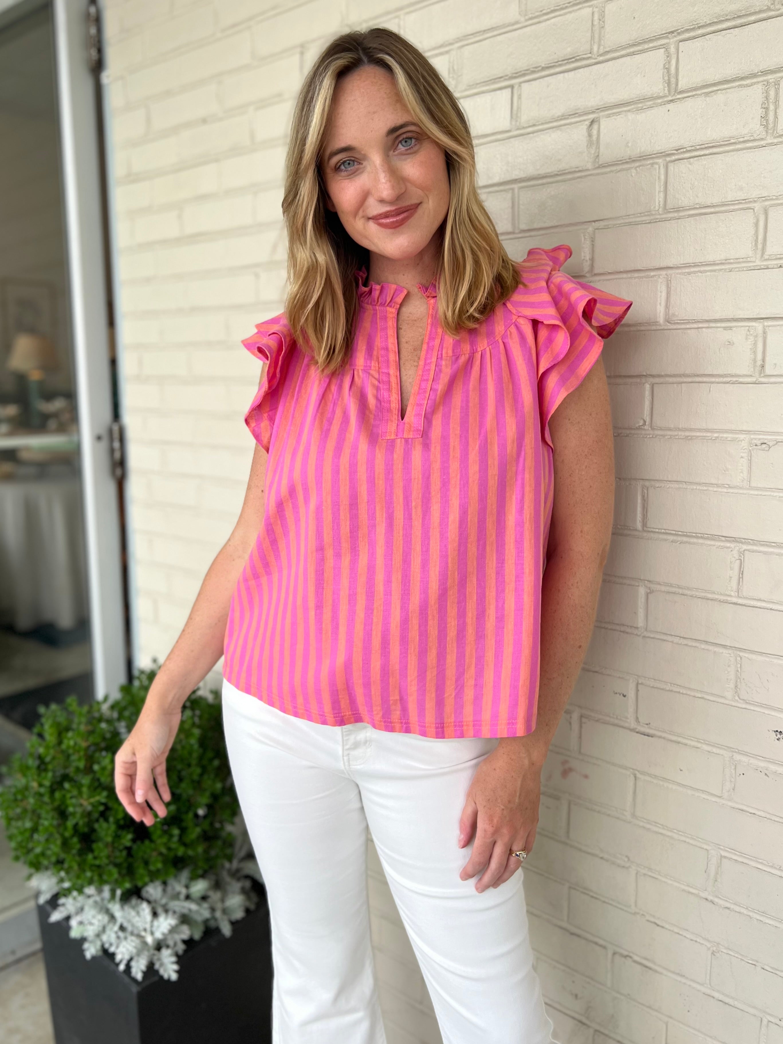 Olivaceous | Missy Stripe Ruffle Sleeve Shirt | Sweetest Stitch 
