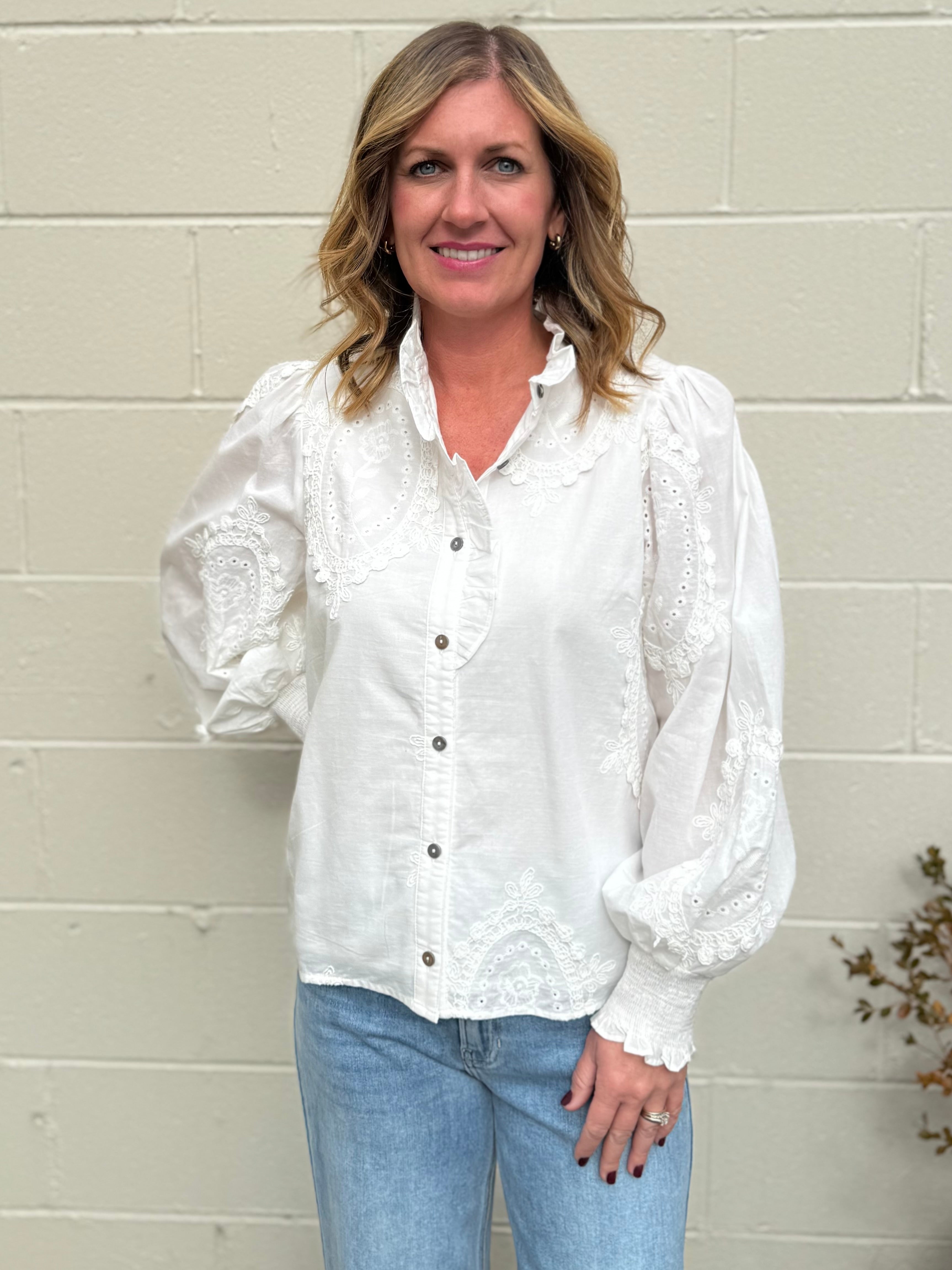 Entro | Holly Embroidered Button Front Top | Sweetest Stitch Boutique