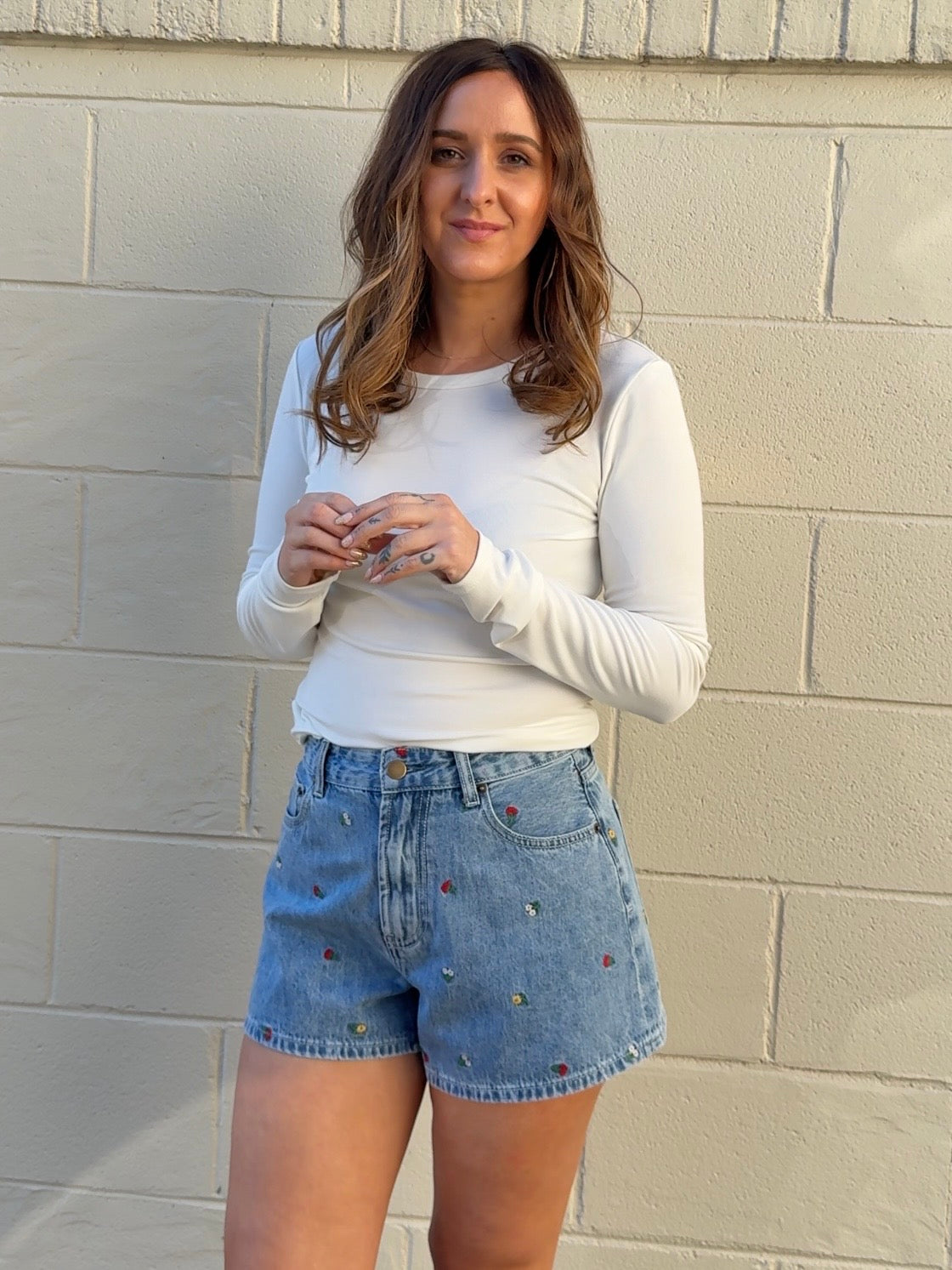 Miou Muse | Floral Embroidered Denim Shorts | Sweetest Stitch