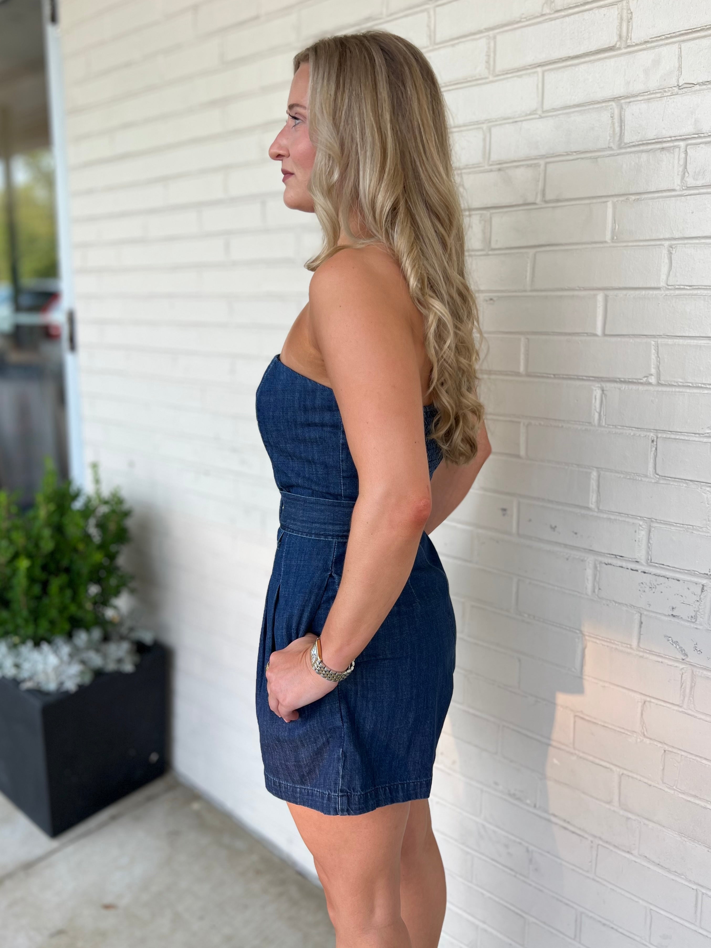 Olivaceous | Naomi Strapless Denim Romper | Sweetest Stitch