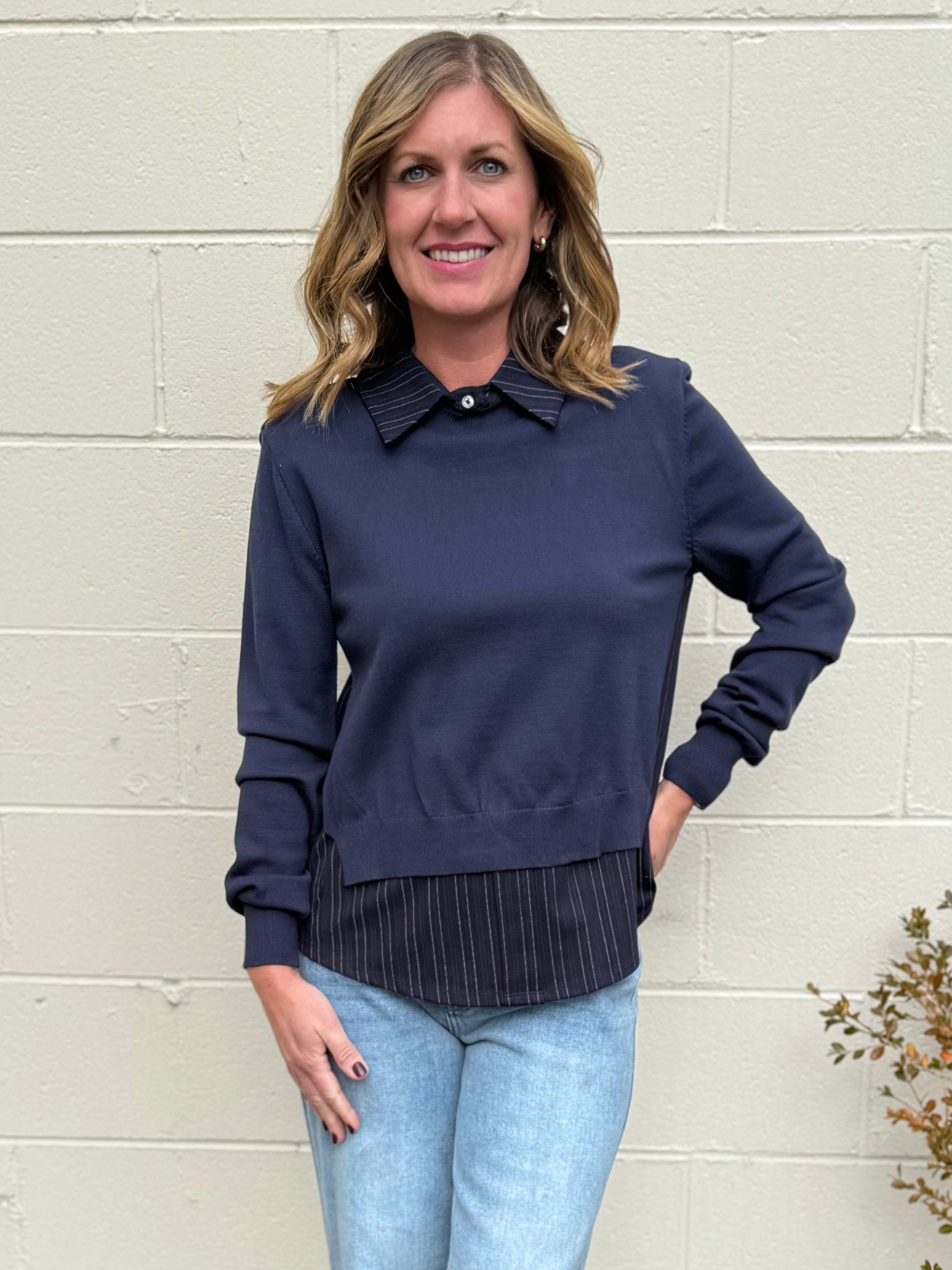 Current Air | Madrid Pinstripe Knit Front Blouse | Sweetest Stitch