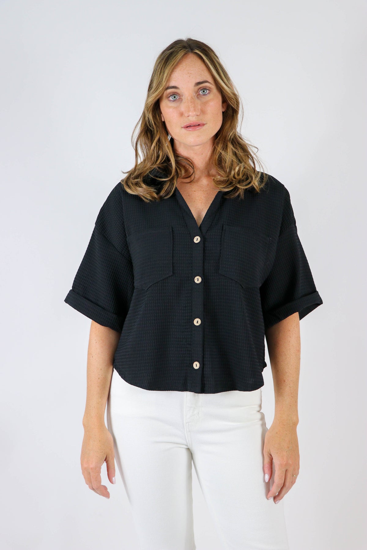 Entro | Black Boxy Button Down Top for Women | Sweetest Stitch