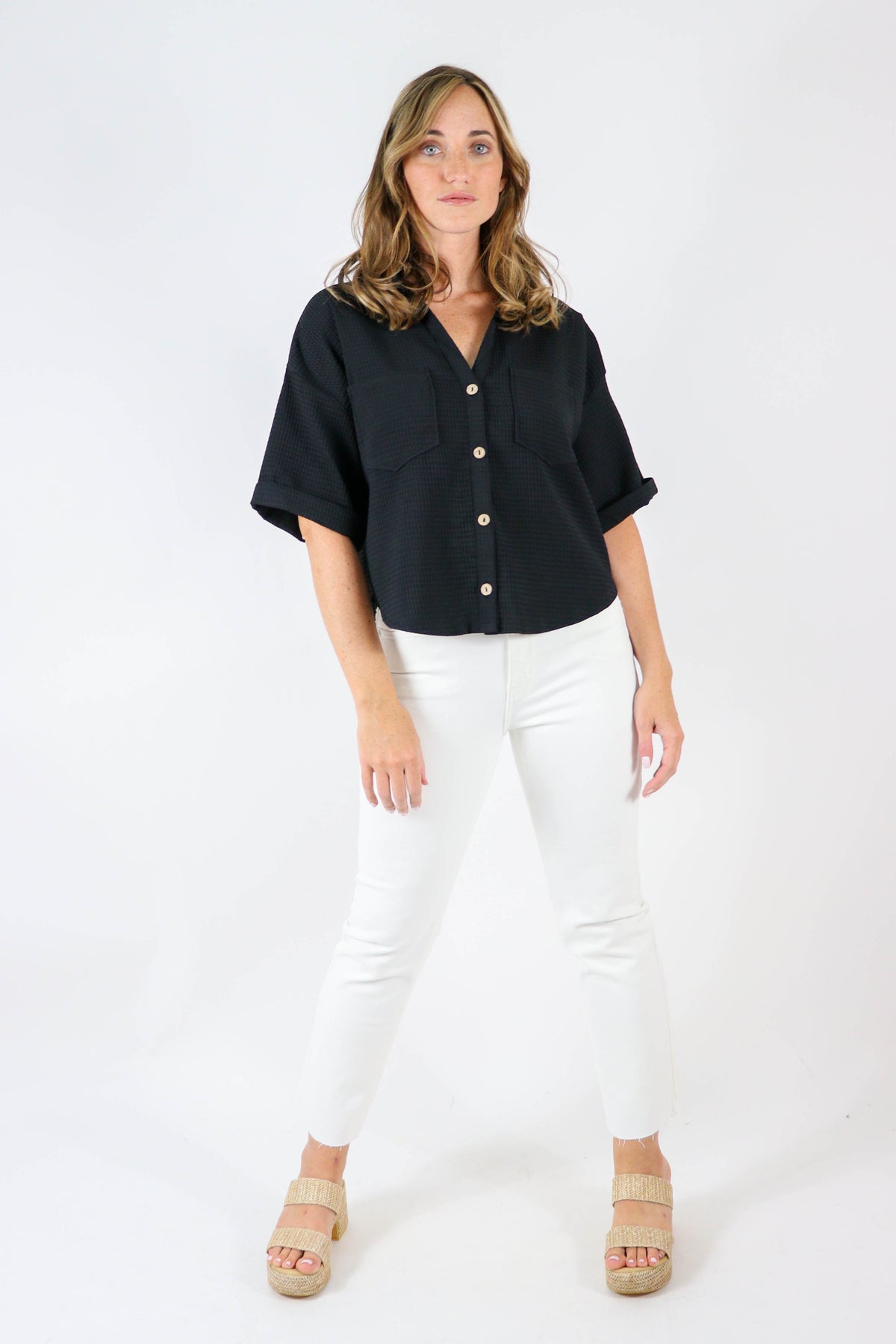 Entro | Black Boxy Button Down Top for Women | Sweetest Stitch