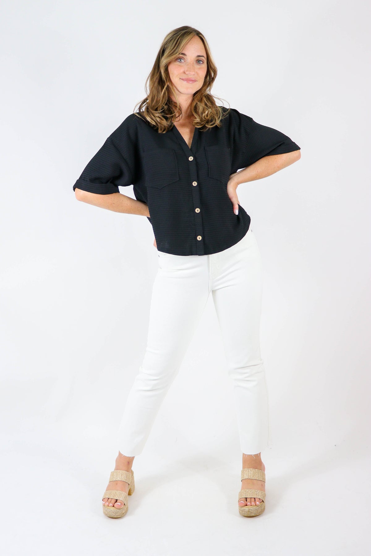 Entro | Black Boxy Button Down Top for Women | Sweetest Stitch