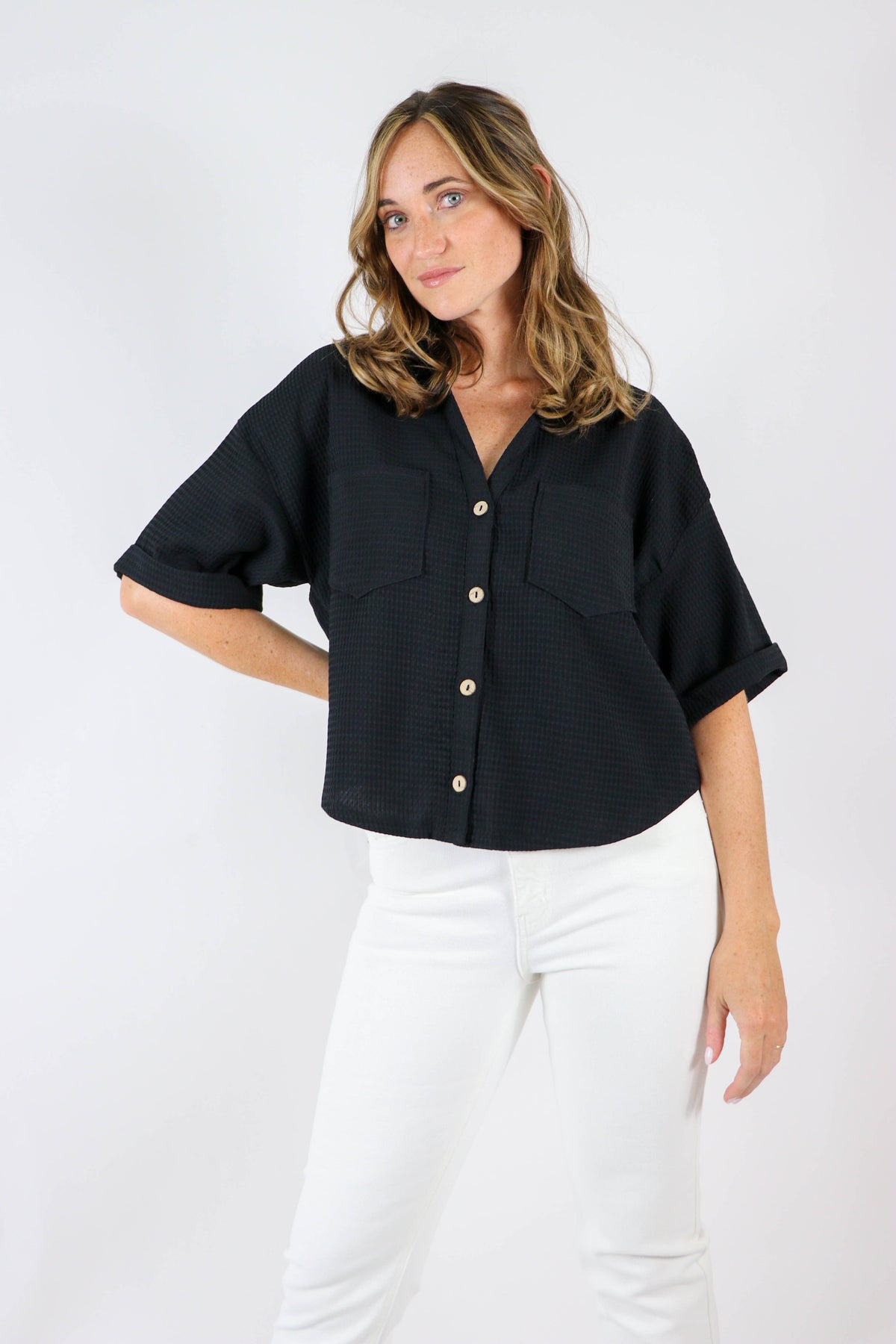 Entro | Black Boxy Button Down Top for Women | Sweetest Stitch