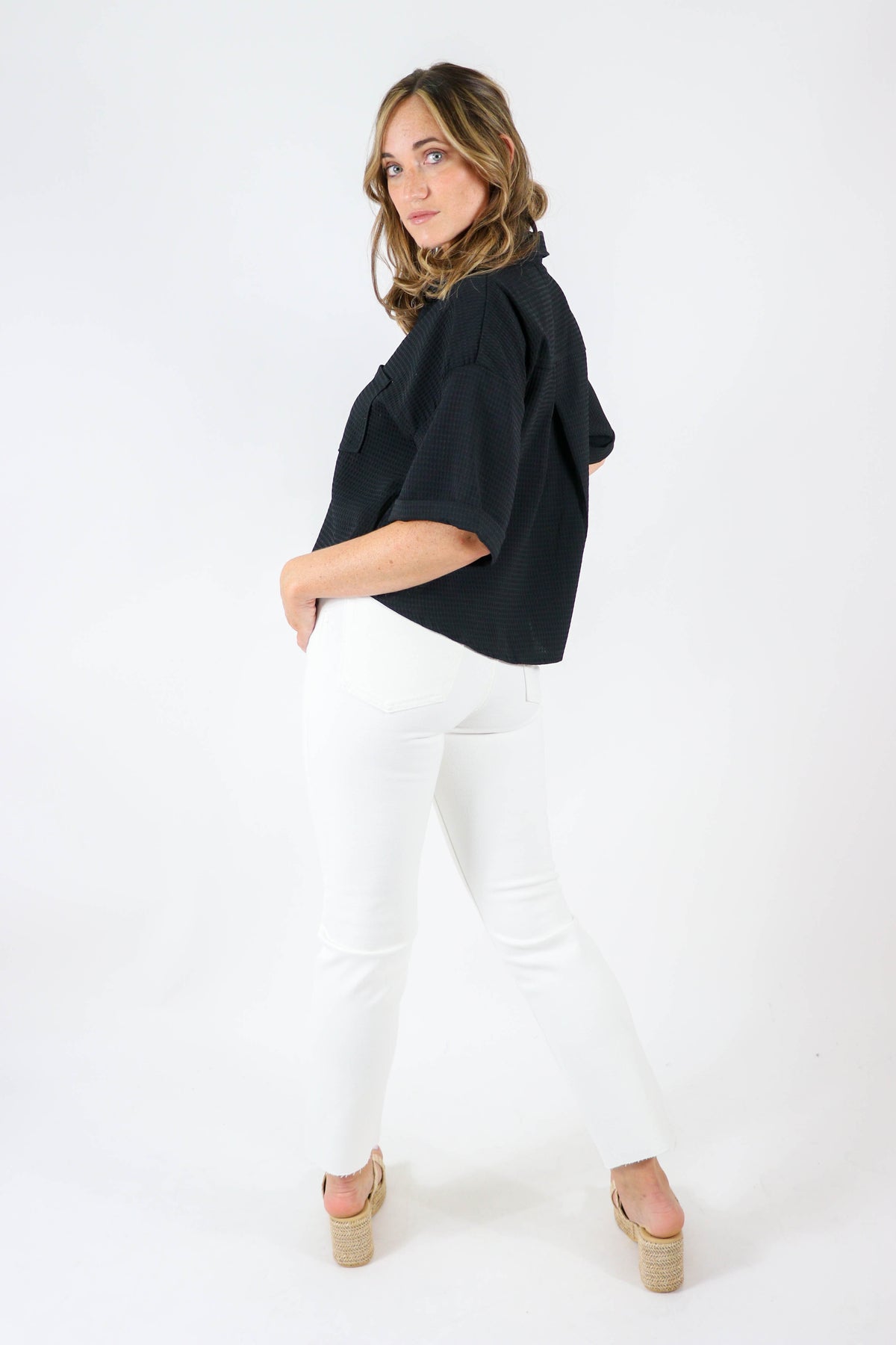 Entro | Black Boxy Button Down Top for Women | Sweetest Stitch
