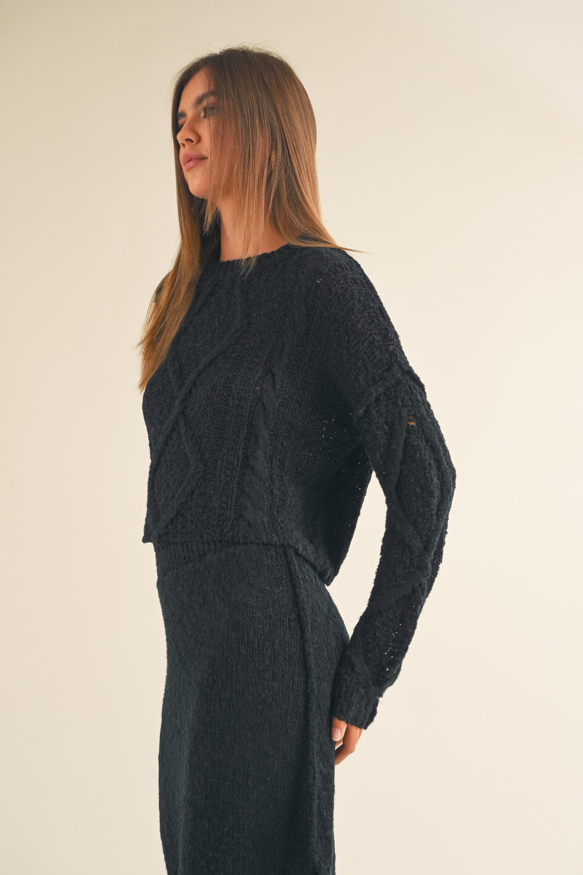 Miou Muse | Black Cable Knit Cropped Sweater | Sweetest Stitch