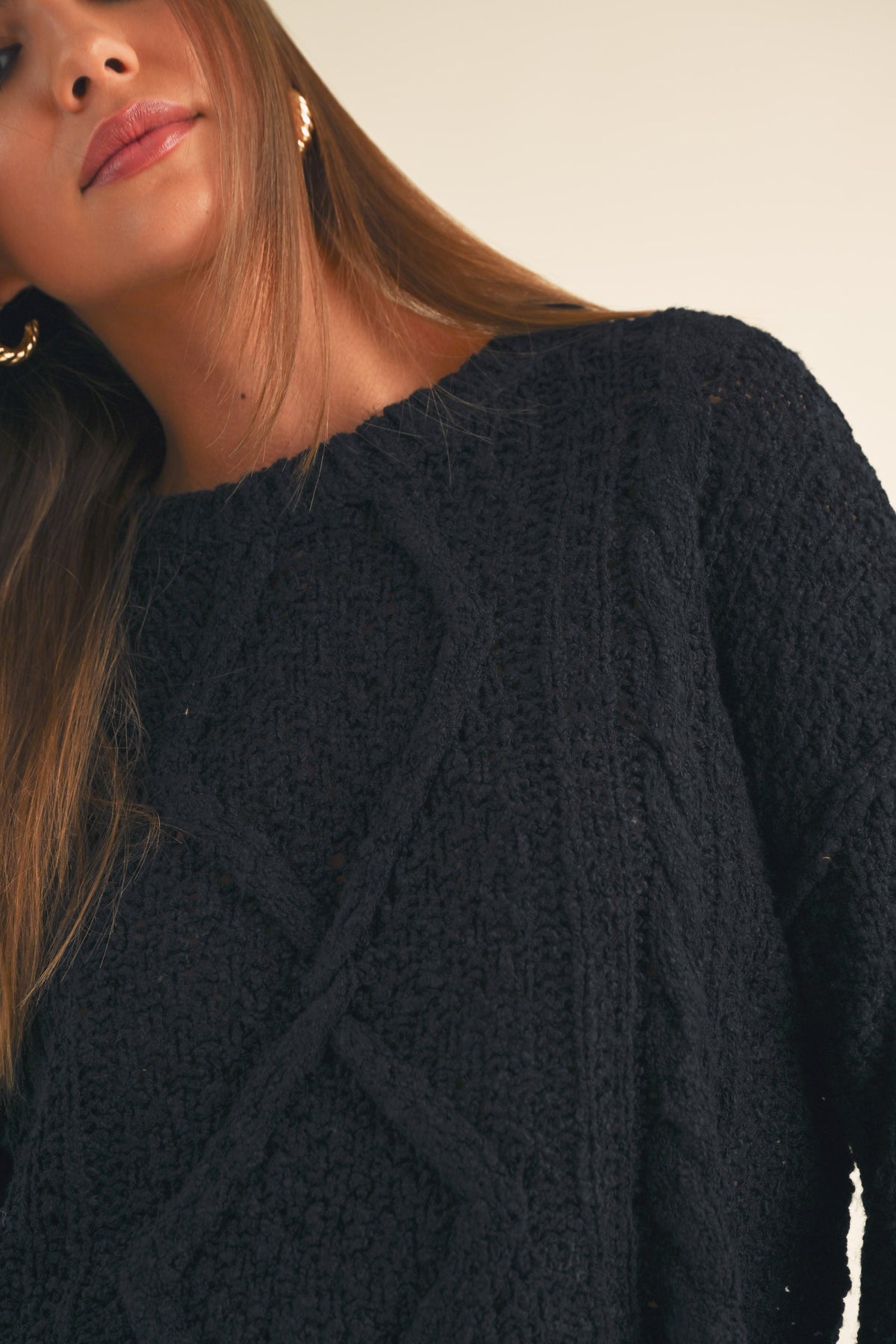 Miou Muse | Black Cable Knit Cropped Sweater | Sweetest Stitch
