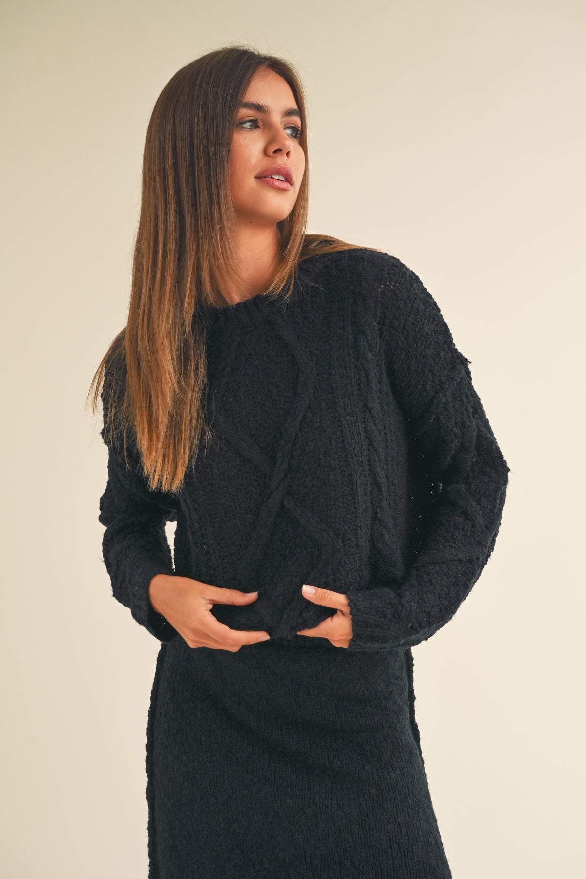 Miou Muse | Black Cable Knit Cropped Sweater | Sweetest Stitch