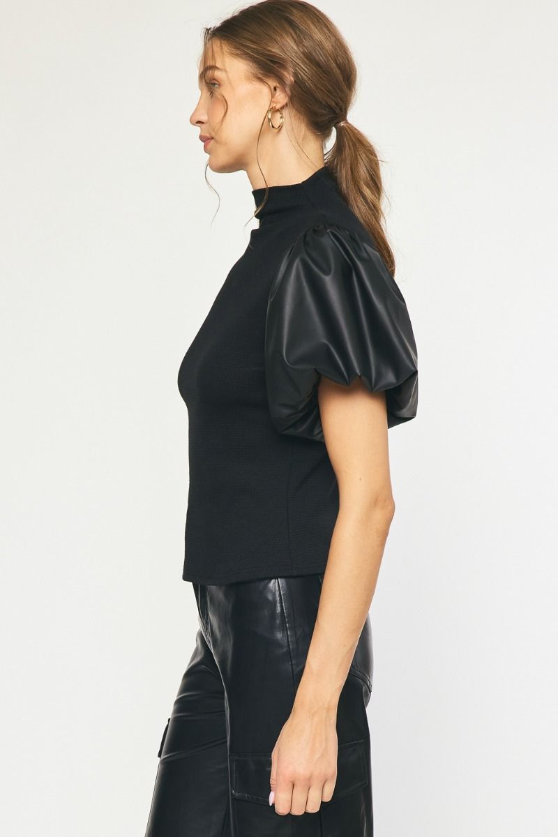 Entro | Black Faux Leather Puff Sleeve Top | Sweetest Stitch Women