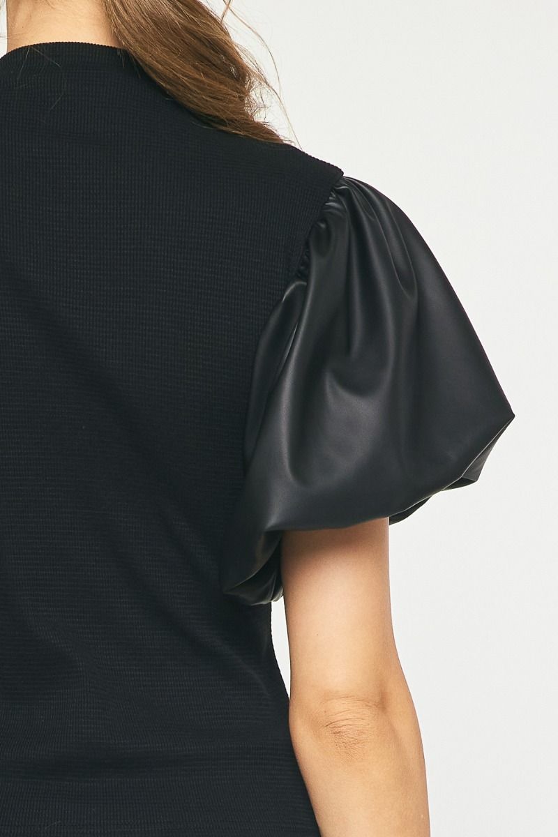Entro | Black Faux Leather Puff Sleeve Top | Sweetest Stitch Women