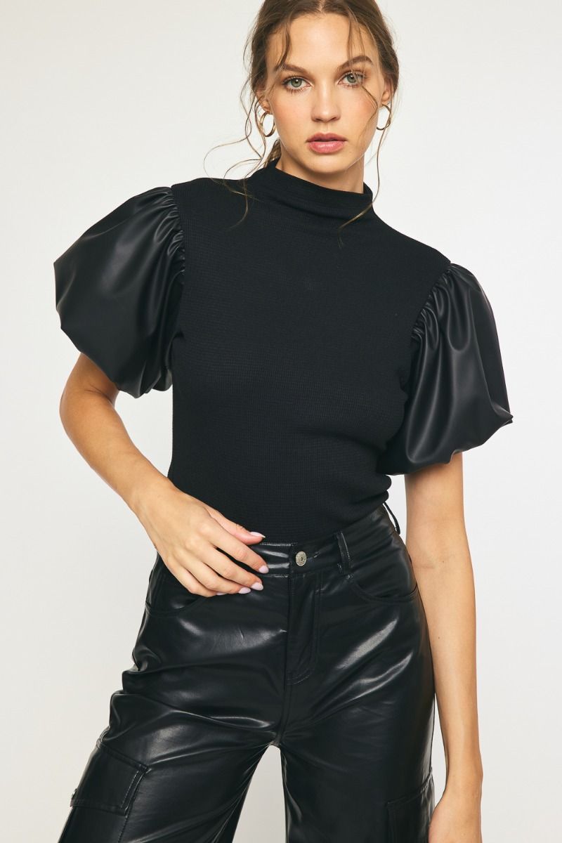 Entro | Black Faux Leather Puff Sleeve Top | Sweetest Stitch Women